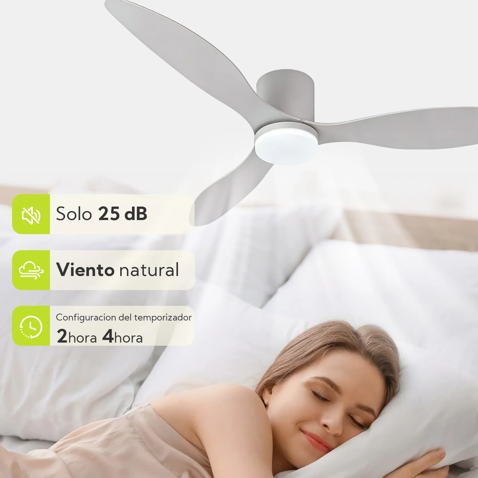 Ventilador de Techo Plástico con Luz 3 Aspas,Ø132cm 30W, LED con 3 Temperaturas de Color(3000K, 4000K, 6500K)| con Mando，6 Velocidades, Programable, Modo Verano/Invierno Blanco15㎡-20㎡