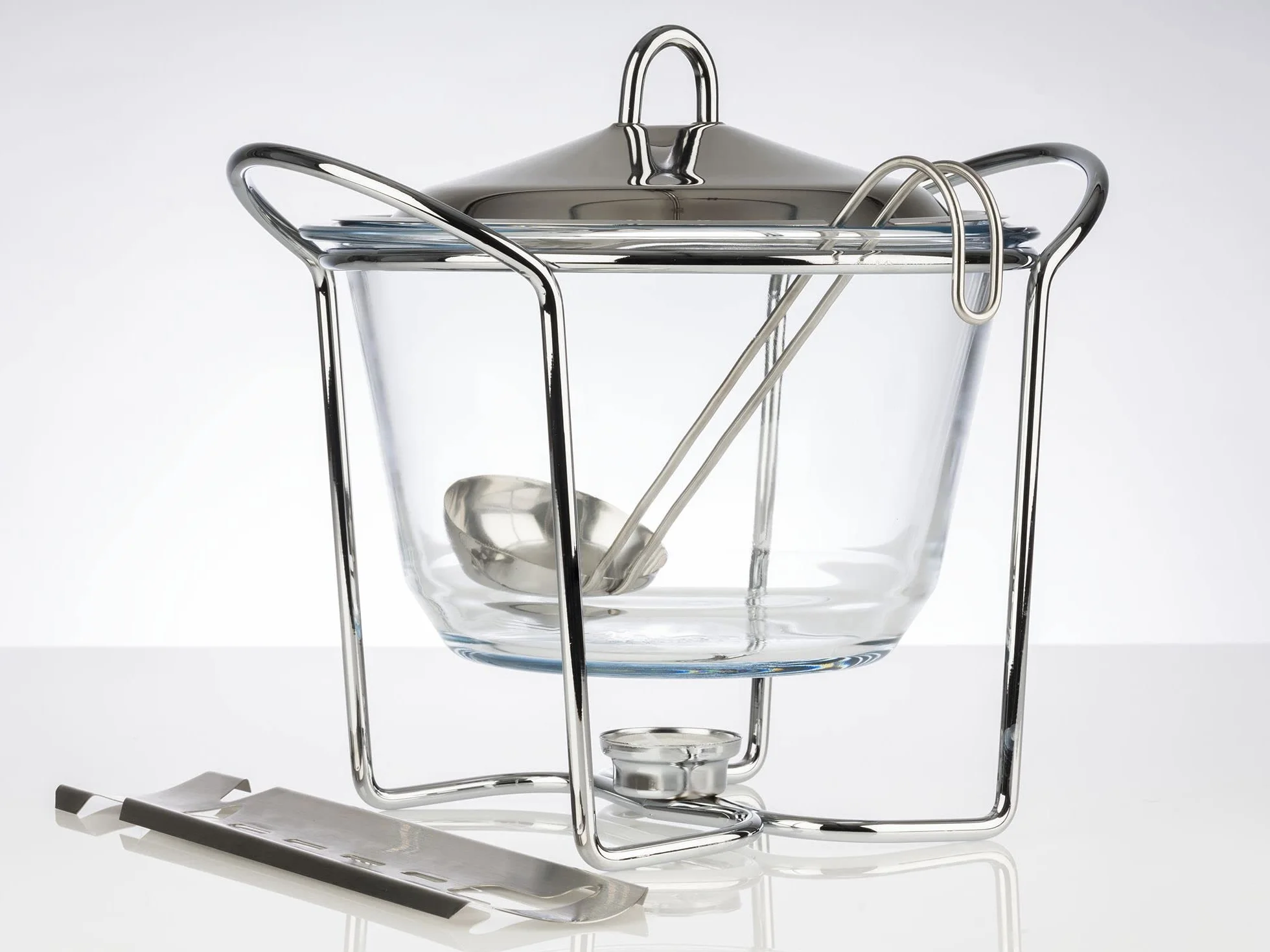 APS Feuerzangenbowle, Pinzas para el azúcar, Pinzas para el Fuego, ponchera, Recipiente de Cristal, Tapa de Acero Inoxidable, Muy Pulido, Calentador de Tetera, Cromado, cazo, para Aprox. 4 litros