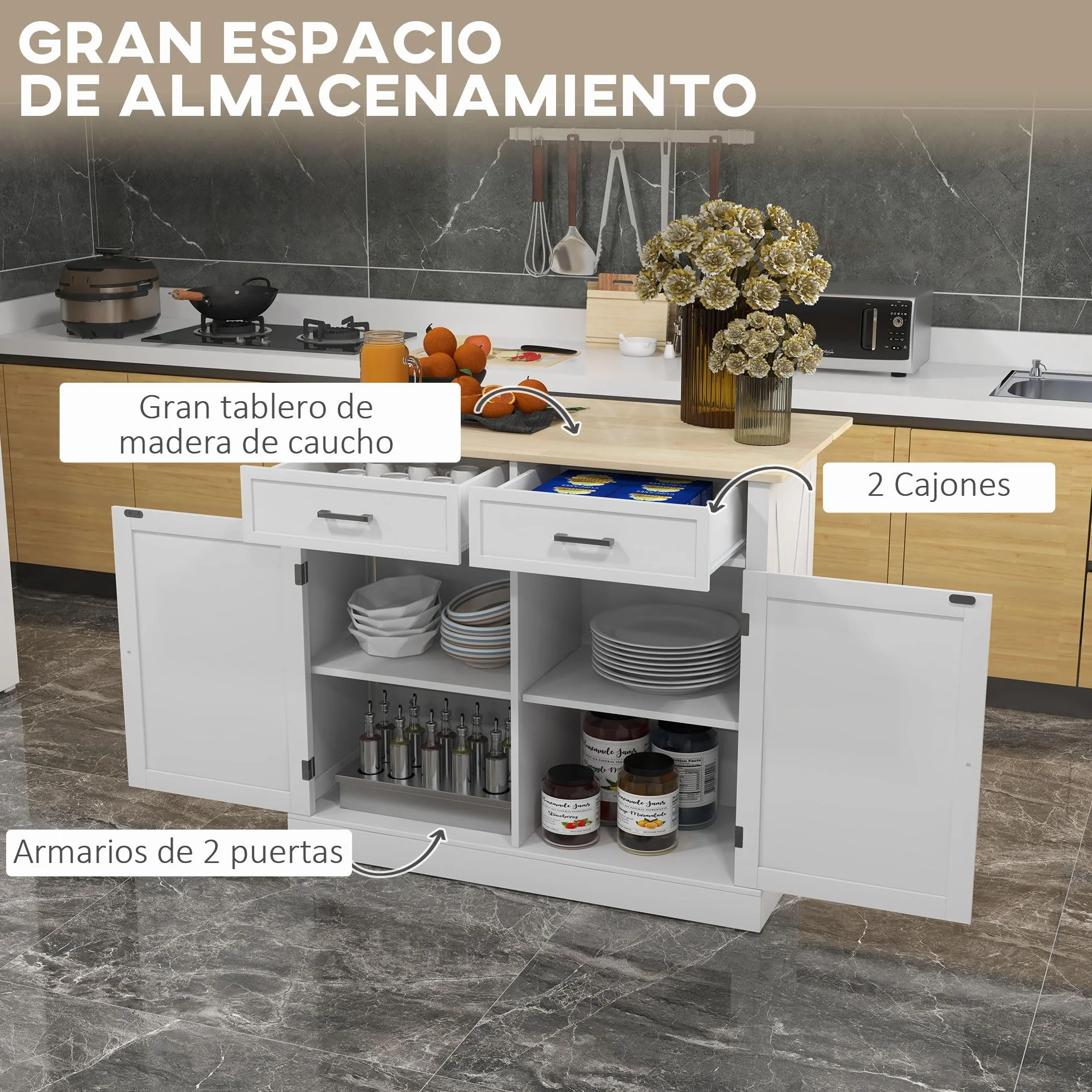 HOMCOM Isla de Cocina Carro de Cocina con Encimera de Madera Plegable 2 Puertas 2 Cajones Estante Ajustable y 4 Ruedas 105x60x90,5 cm Blanco