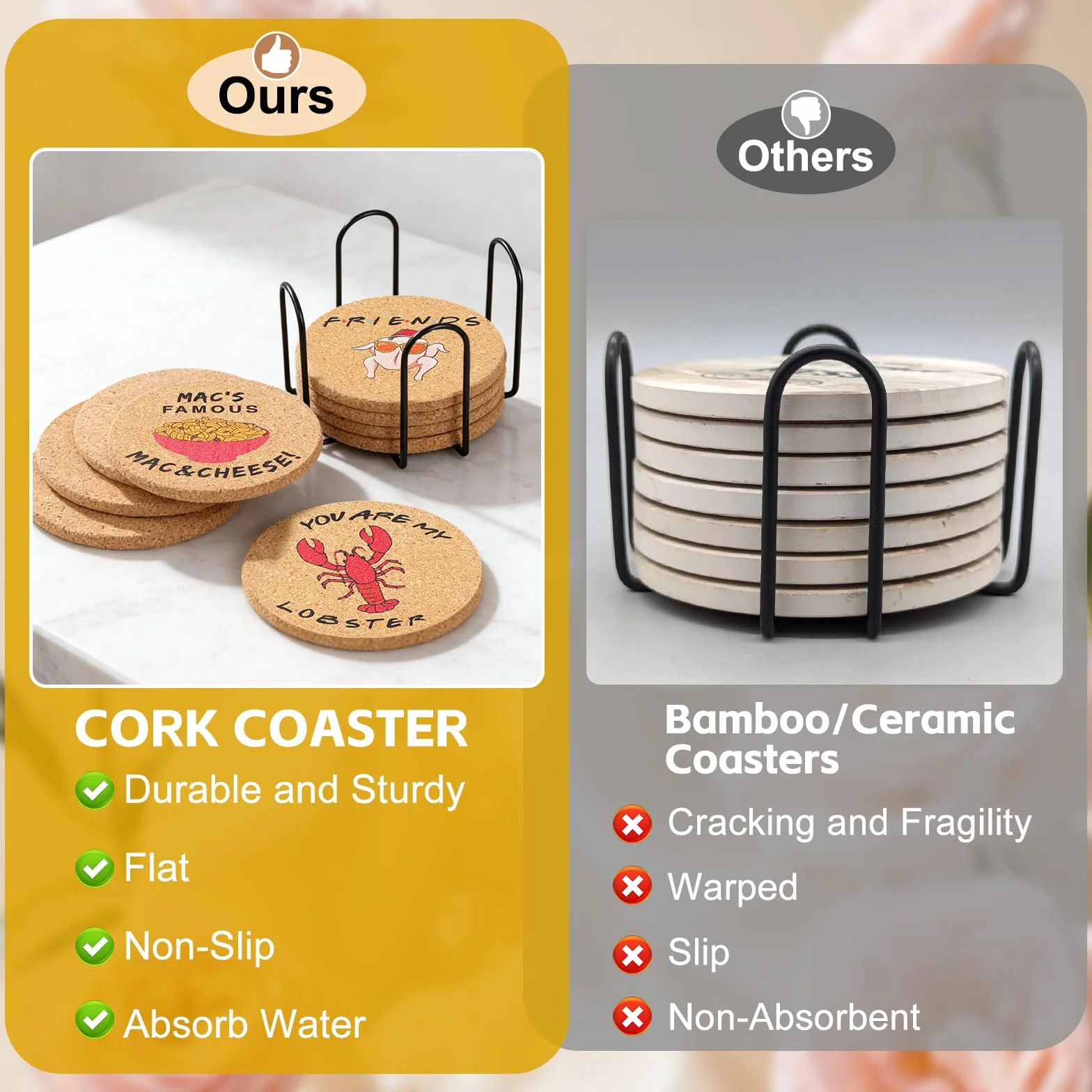 9 Piezas Friends Merchandise, Posavasos de Friends Set, Posavasos de Corcho para Bebidas con Soporte, Regalos de Amigos para Mujeres, Posavasos para Mesa de Café（10 * 10 * 0.6cm）
