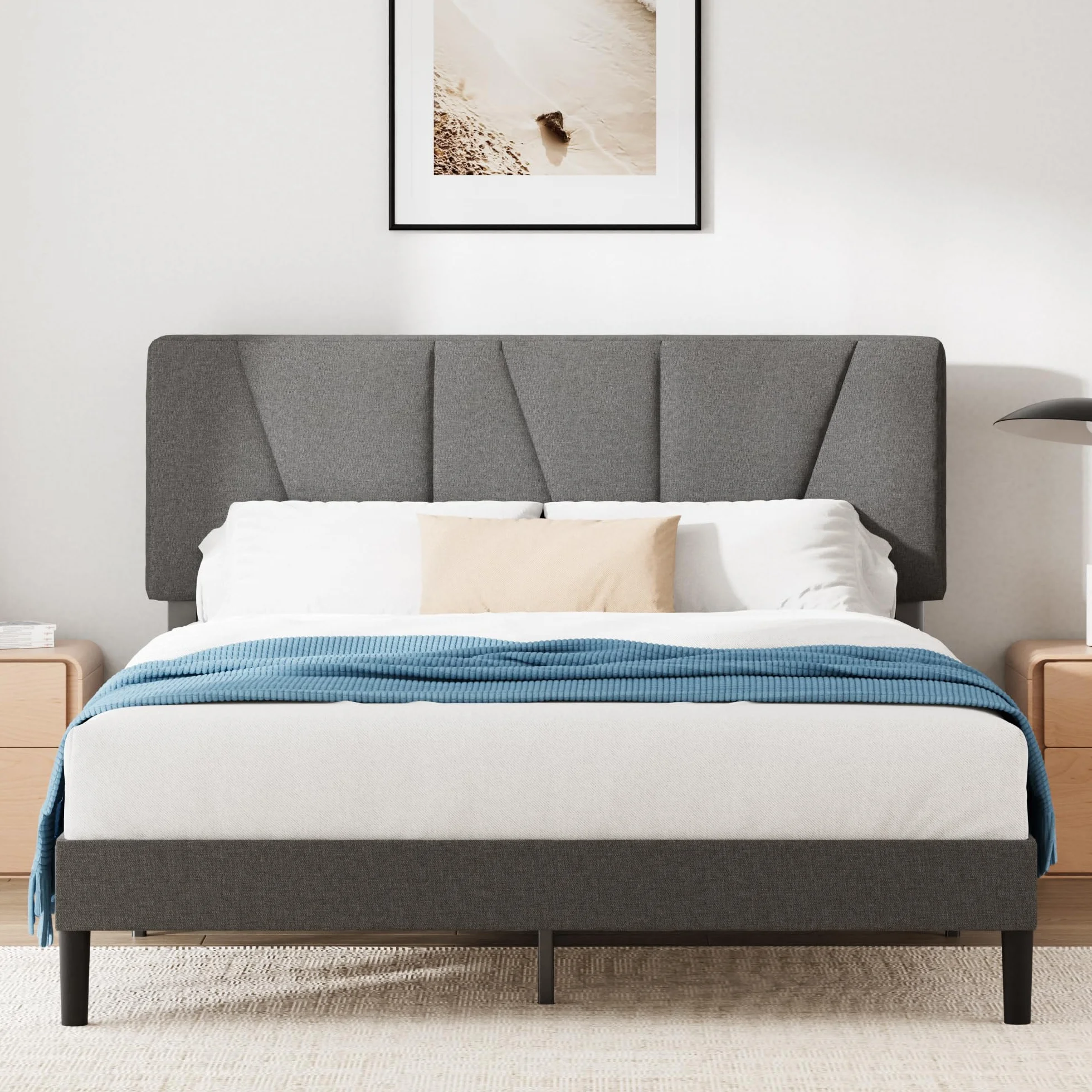 Zinus Maya Estructura Cama 150x190 cm Queen Size Tapizada con Cabecero Láminas de Madera Gris Oscuro