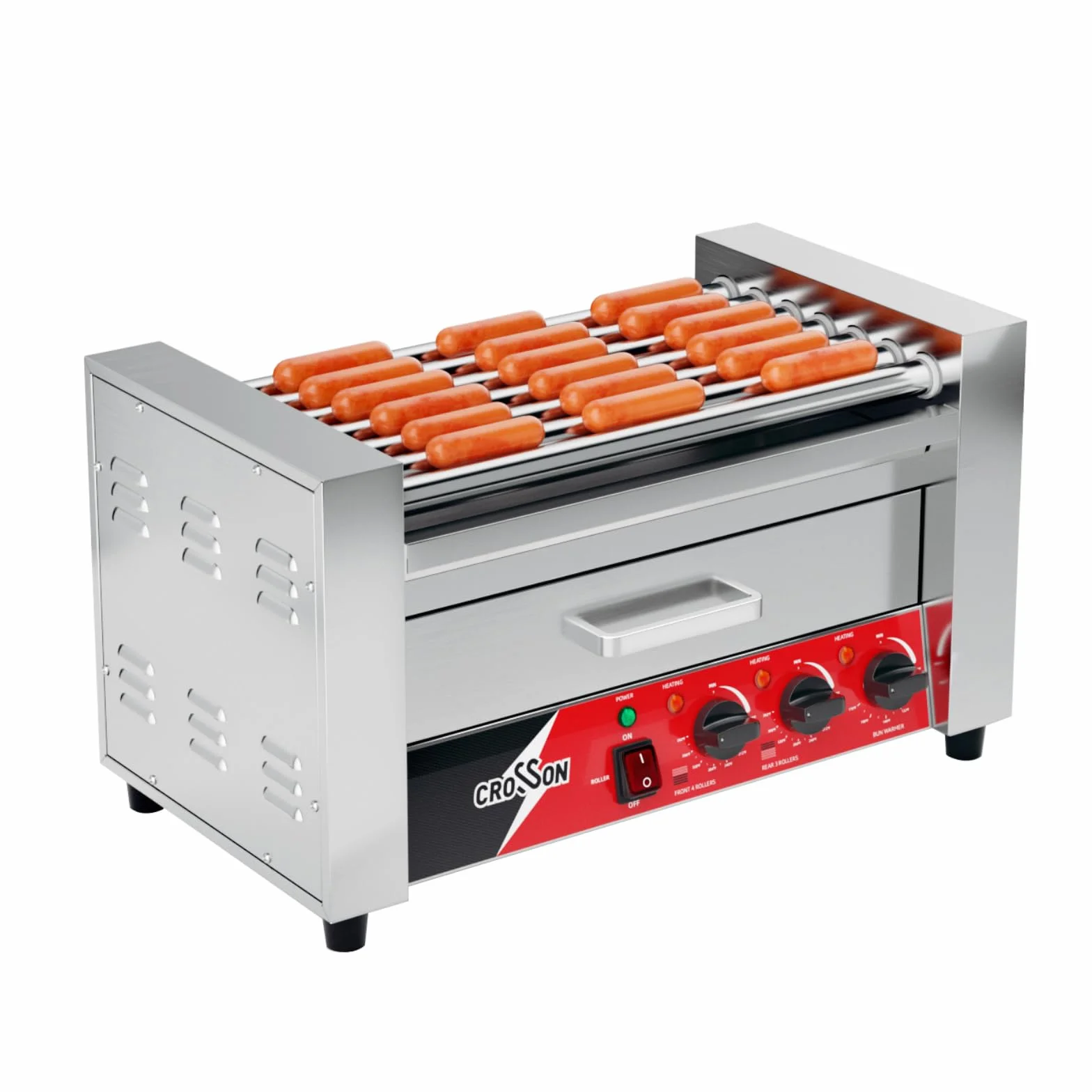 CROSSON 2 IN 1 Maquina de Perritos Calientes Profesional 7 Rollos,1350W Hot Dog Maquina de Acero Inoxidable con 2 Zonas de Calentamiento y Control de Temperatura Dual