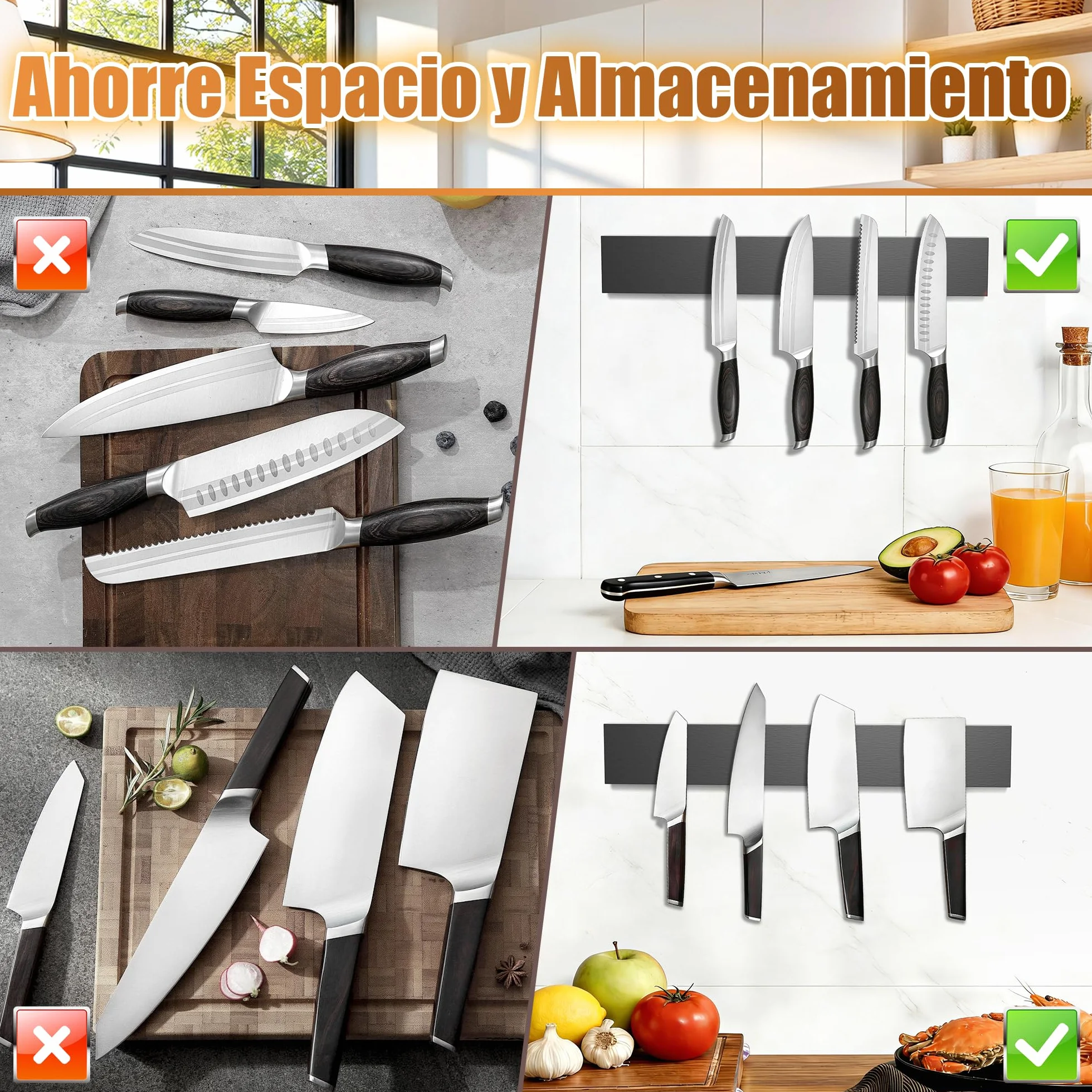 Soporte Cuchillos Cocina Magnético 40 cm, Organizador de Madera con Imanes Fuertes, Negro