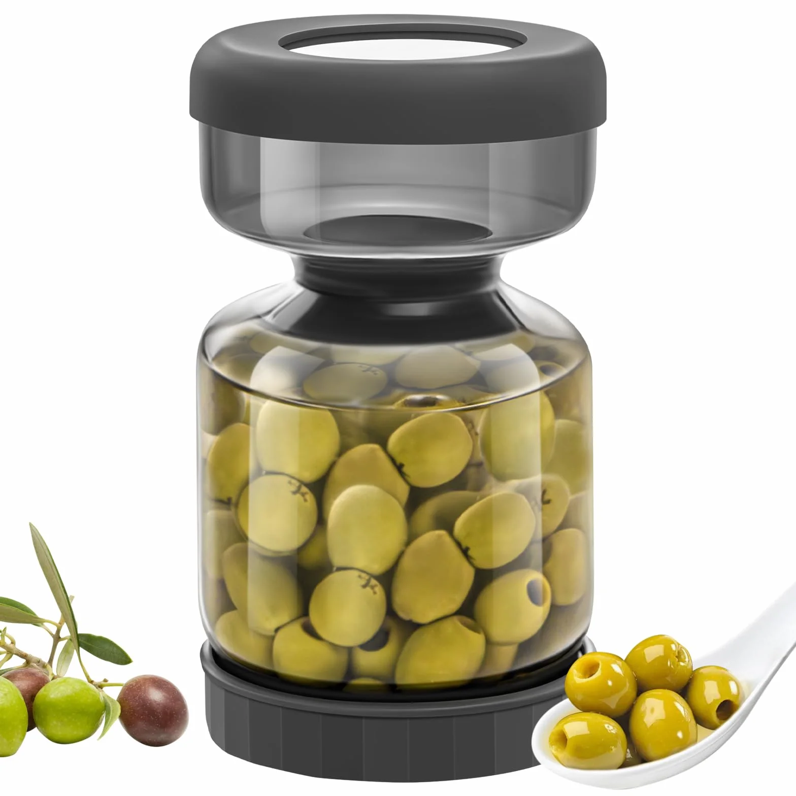 WhiteRhino Tarro de pepinillos con colador Flip,1L Recipiente de para pepinillos con doble a prueba de fugas,Tarro de cristal separador de jugo de pepinillos Flip Pickle y Olive Hourglass Jar(Gris 1L)