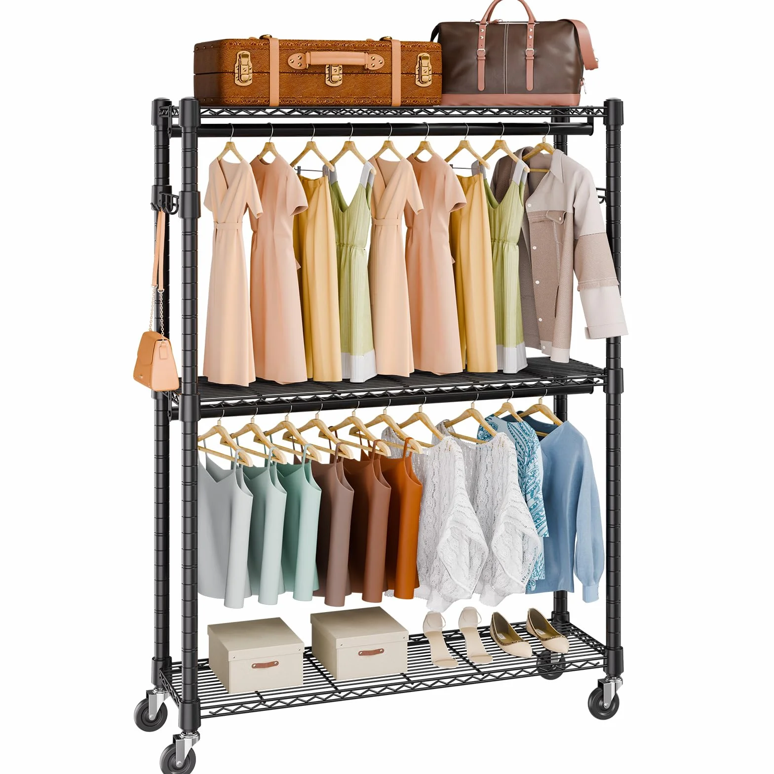 VEVOR Perchero Burro para Ropa con 4 Ruedas de 2 Barras 3 Estantes 2 Soportes Laterales Perchero de Acero Carga de 182 kg Perchero de Pie 1162 x 450 x 2040 mm para Almacenaje de Ropas en Dormitorios