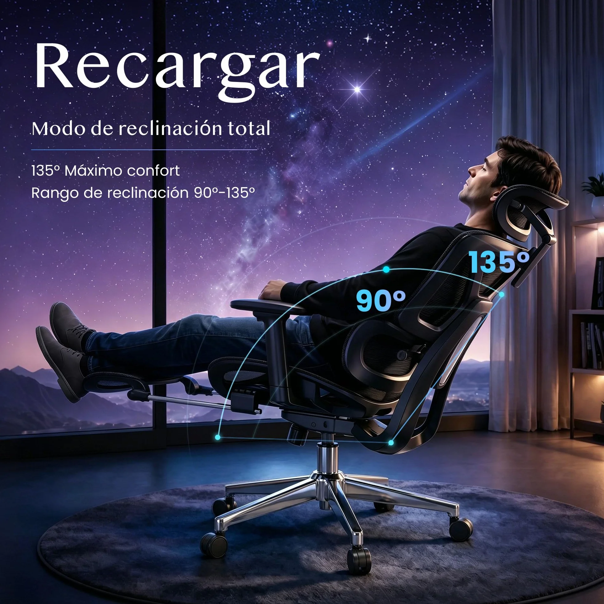 FLEXISPOT ErgoX Silla Escritorio con Reposapiés, Soporte Lumbar, Respaldo 5D, Reposabrazos 3D, Silla Gaming, Cojín Transpirable, Inclinación 135°, Silla Ergonomica Escritorio, Negro