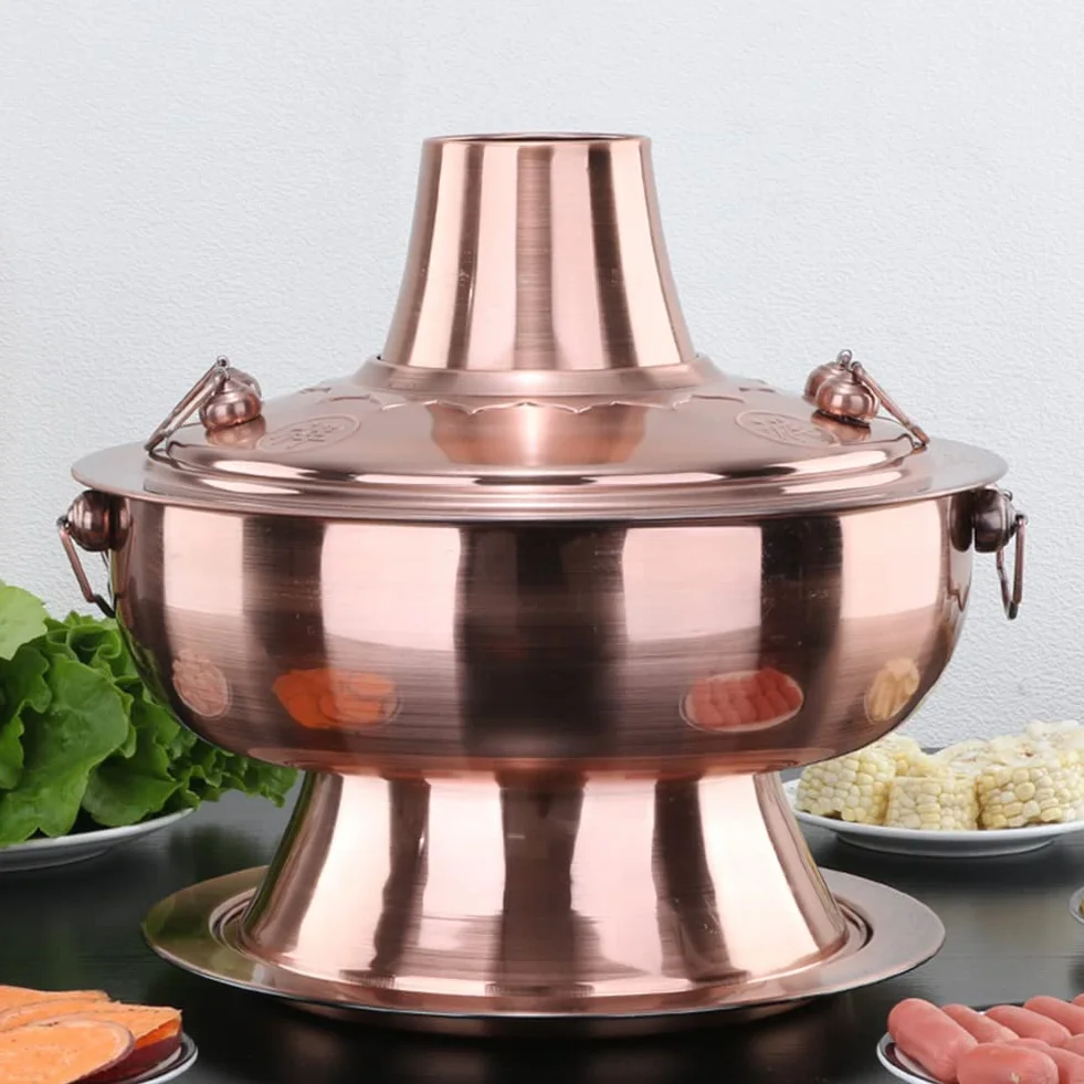 Olla de carbón caliente Shabu - Olla de sopa vintage de cobre con chimenea, diseño de acero inoxidable para reuniones familiares de 3 a 6 personas, perfecta para fiestas