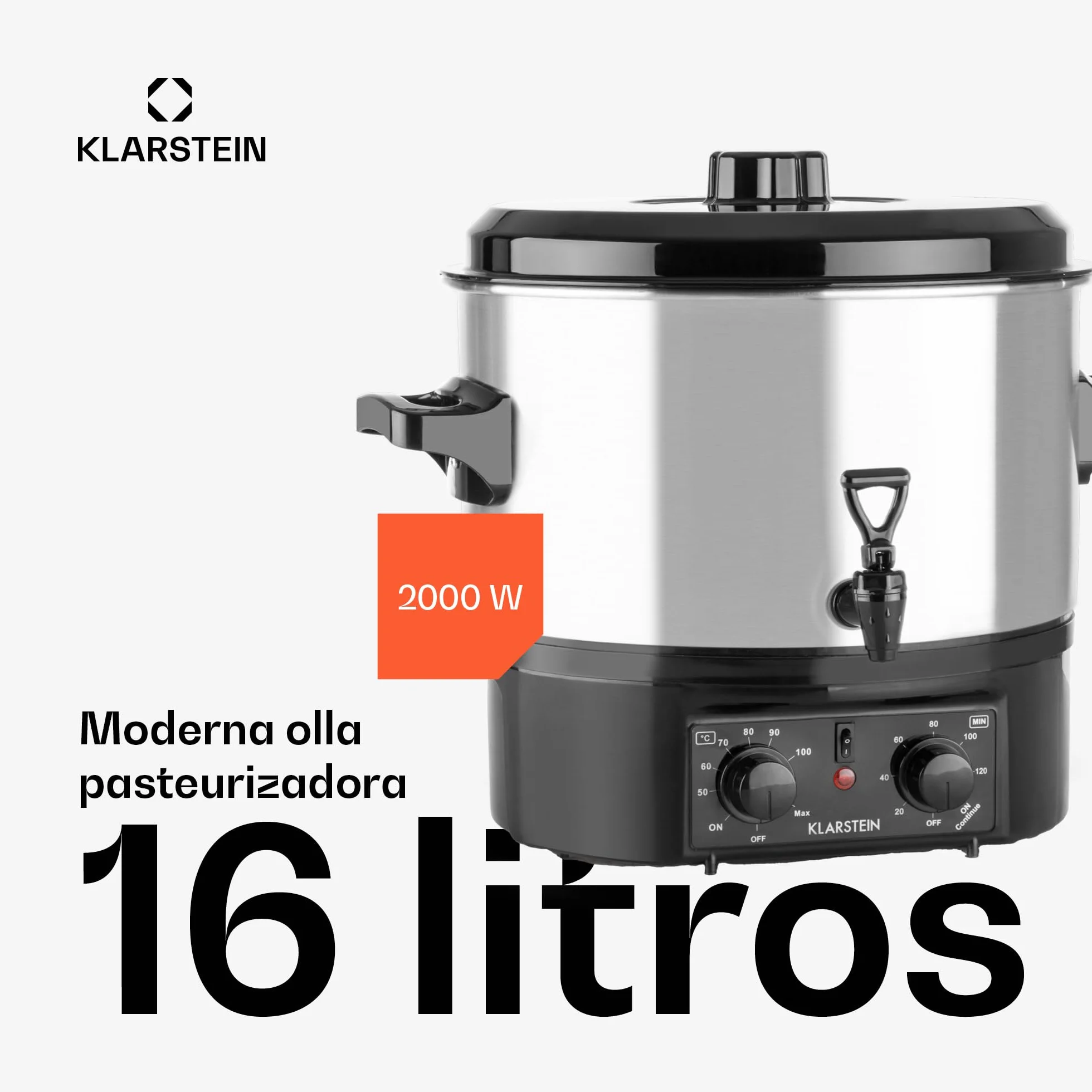 Klarstein Biggie Olla eléctrica pasteurizadora 2000 W 30-100°C 120 min Acero inoxidable 16 L Plateado