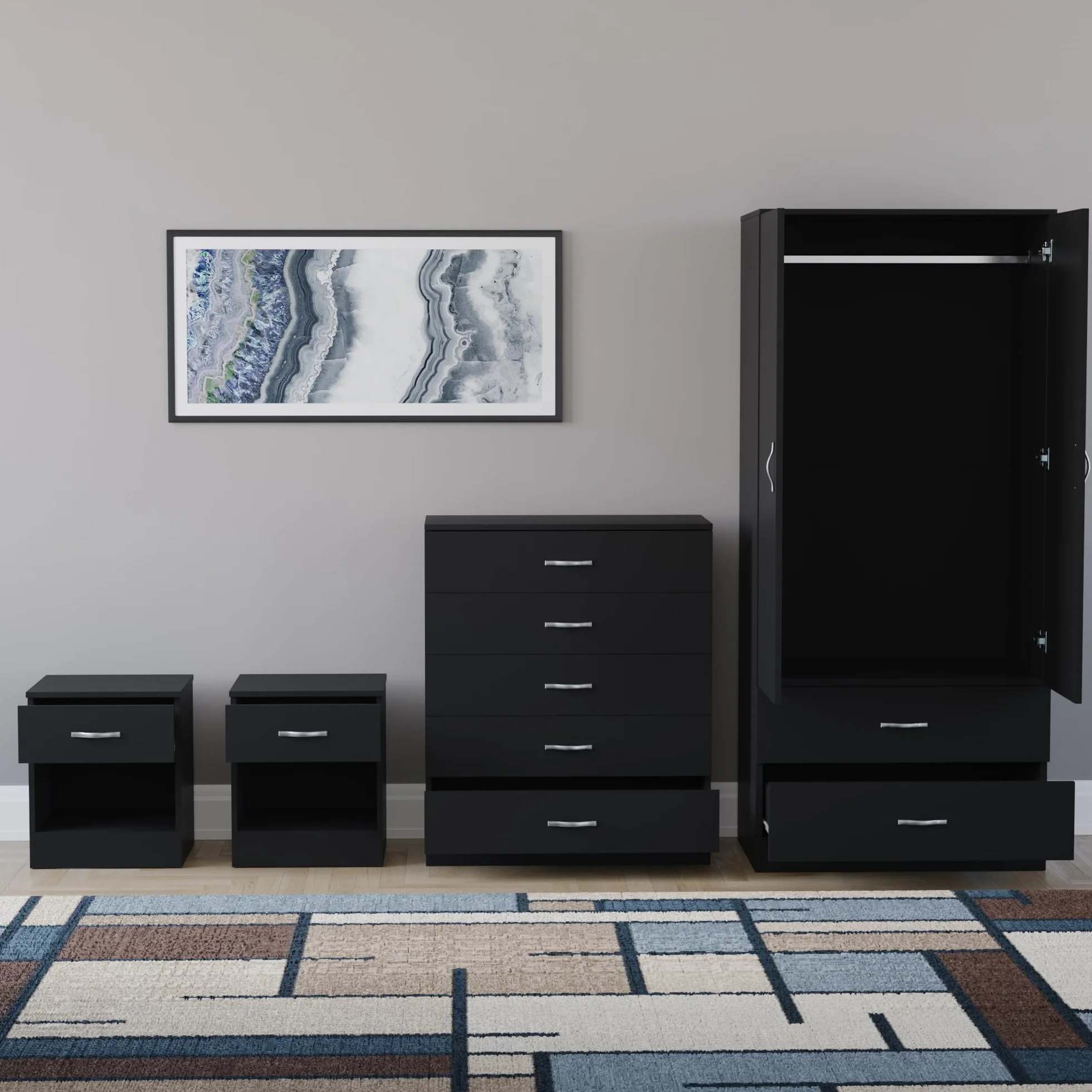 Vida Designs Riano - Juego de dormitorio de 4 piezas (1 cajón, cómoda de 5 cajones, armario de 2 puertas y 2 cajones), color negro (5)