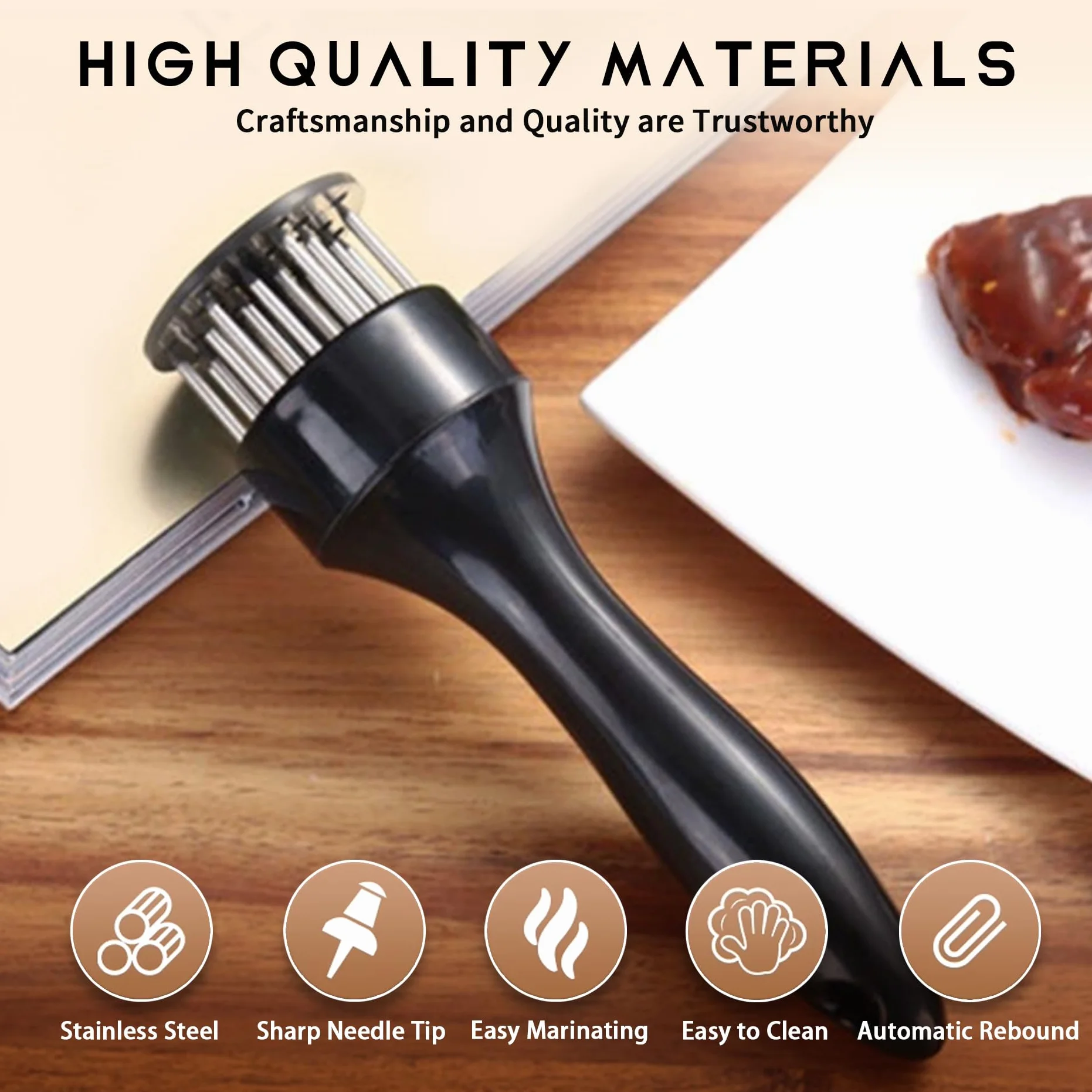 Aguja ablandadora de carne, herramienta para cocinar cerdo, pollo, res, cordero, pescado (negro)