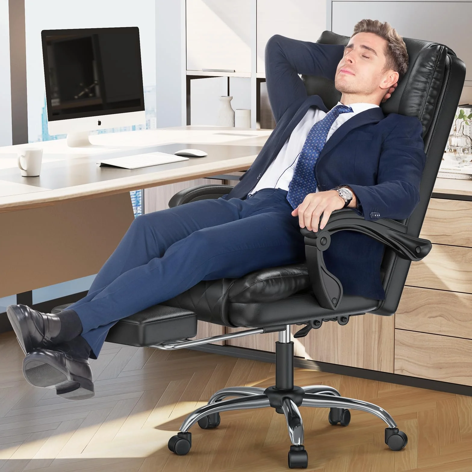 Silla de Oficina Ergonómica de Cuero PU con Reposapiés, Giratoria con Inclinación, Negro