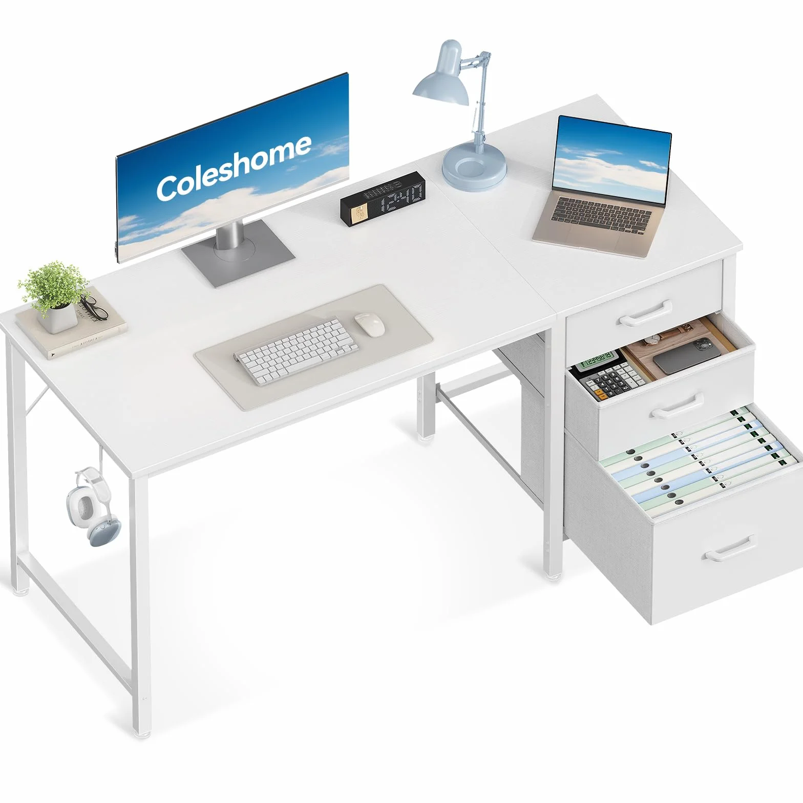 Coleshome Escritorio con 3 Cajones de Tela, 120x48cm, Soporte para Auriculares, Blanco, Reversible para Oficina en Casa