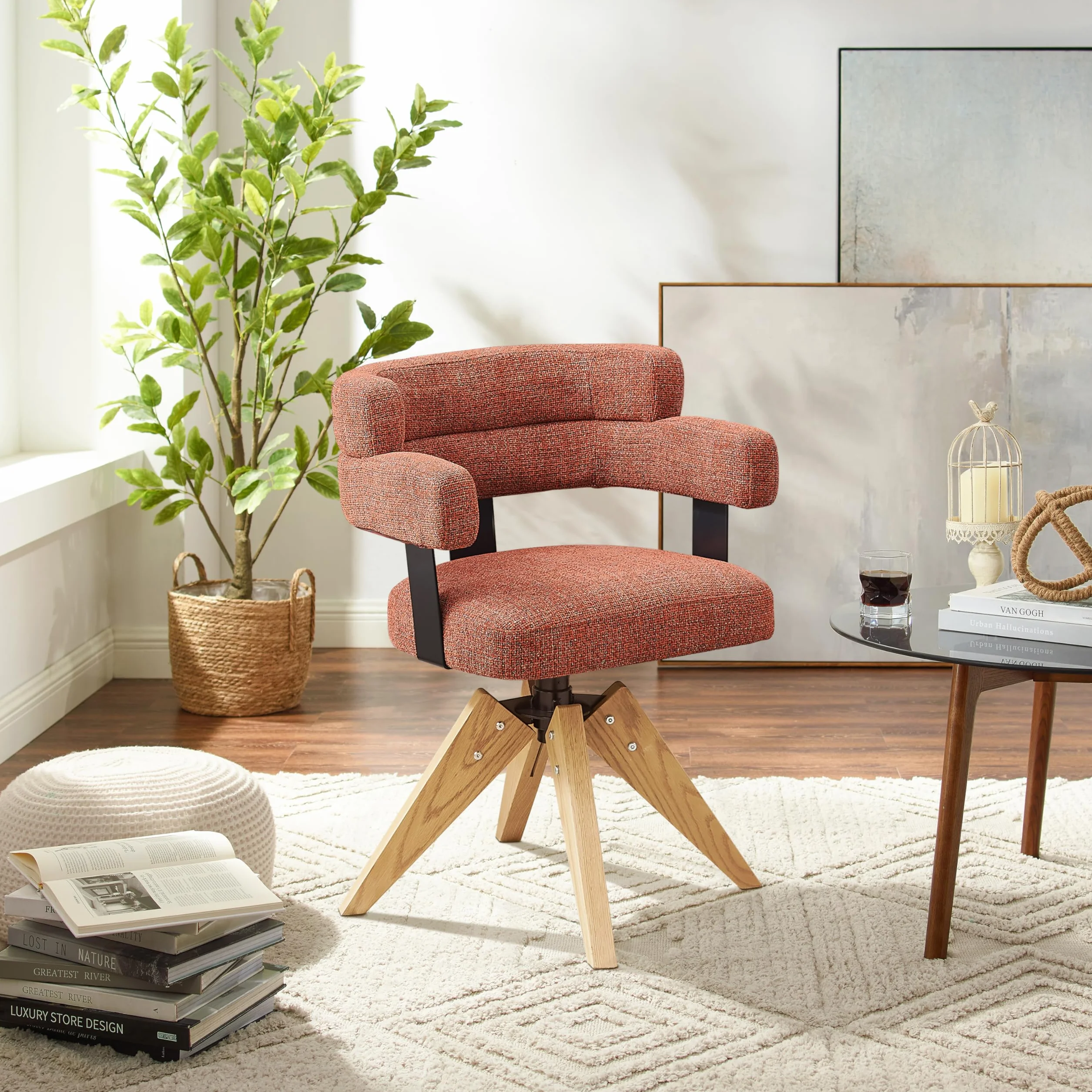 Zouron Sillas de Comedor Giratorias Tapizadas en Algodón y Lino con Reposabrazos y Respaldo, Patas de Madera, Rojo