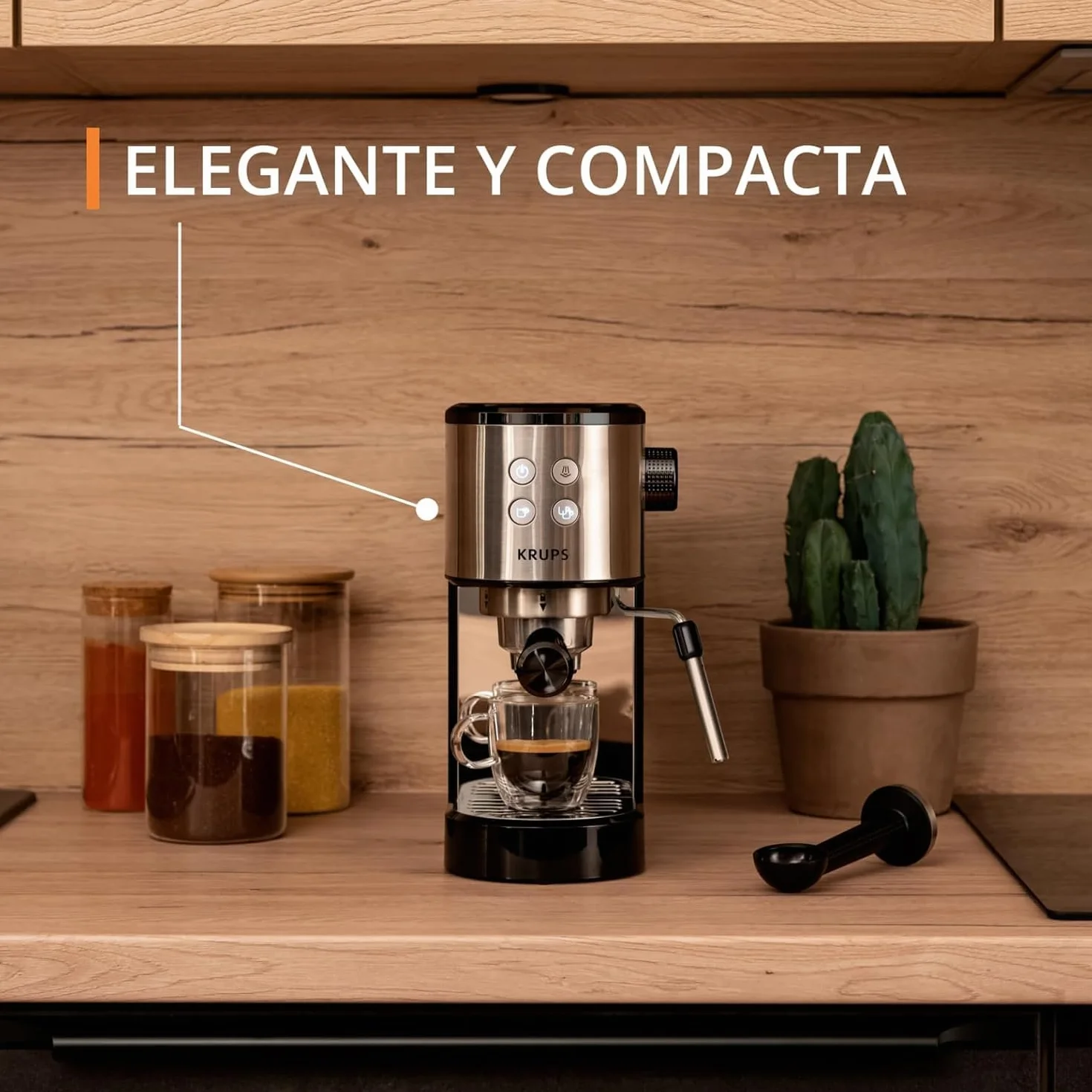 Krups Virtuoso Essential - Cafetera espresso 15 bar, acero inox negro, diseño compacto y elegante, parada automática, espresso y cappuccino, Thermoblock, boquilla de vapor, incluye cuchara, XP4418