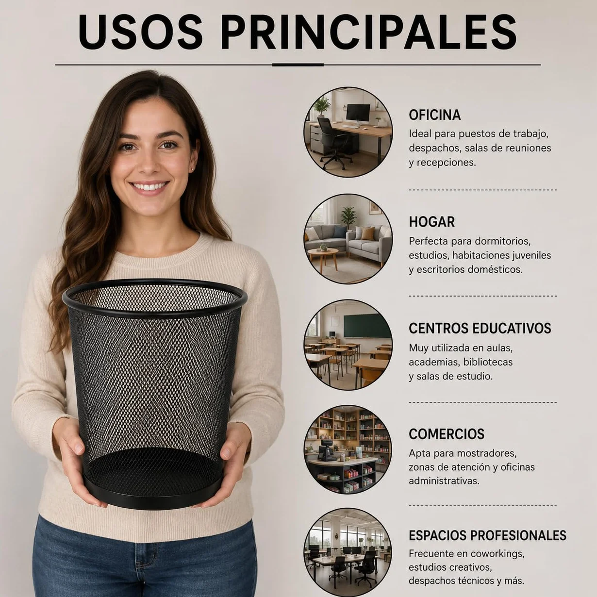 CABLEPELADO Papelera de Malla Metálica 12L Negra – Cubo de Basura de Acero Reforzado