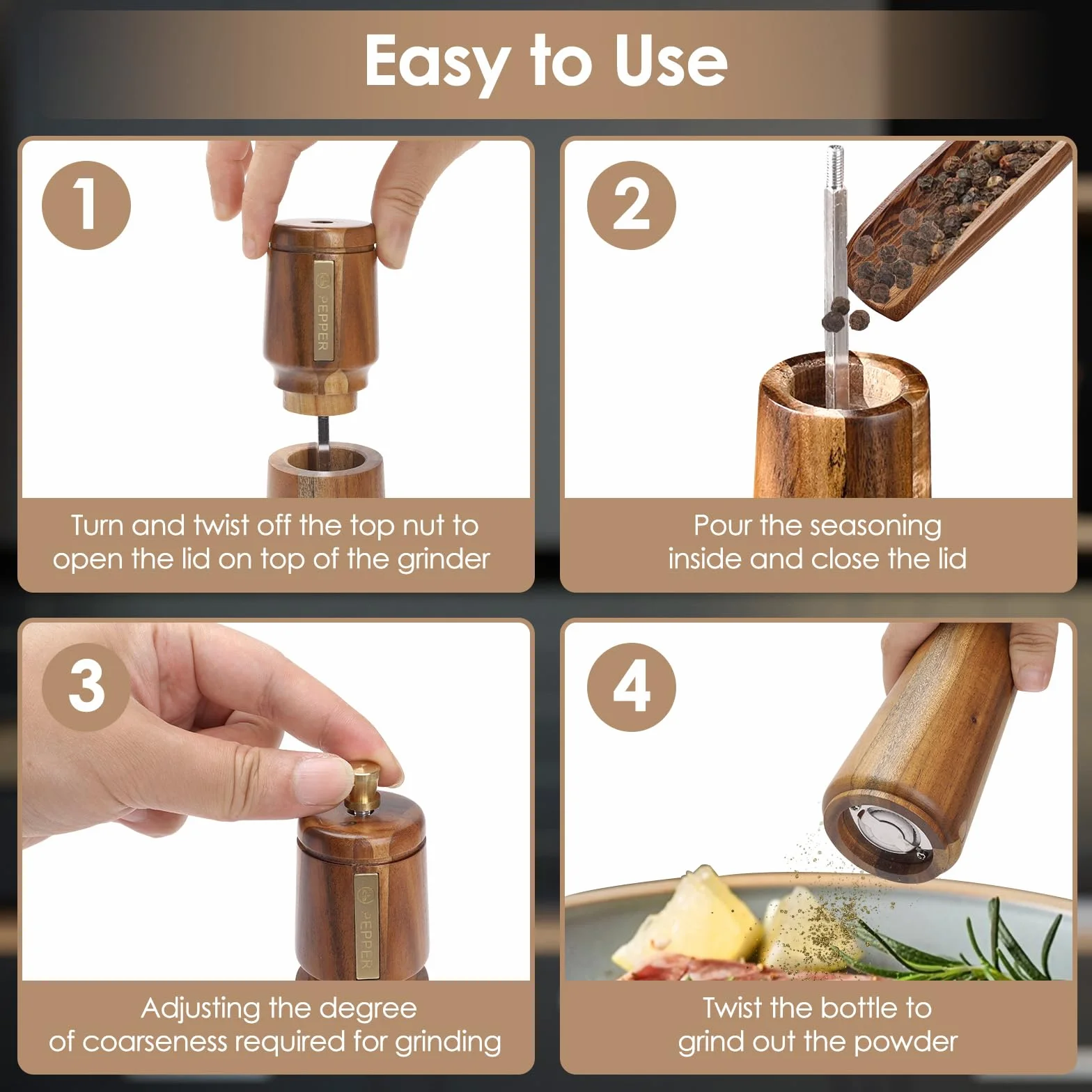 Juego de Molinillo Pimienta Madera con Bandeja, 2 Molinillo Especias Manual, Grueso Ajustable, Rotor de Cerámica para Moler, para Chile, Lila, Pimienta, Sal, 8 Pulgadas, (Marrón+Marrón)