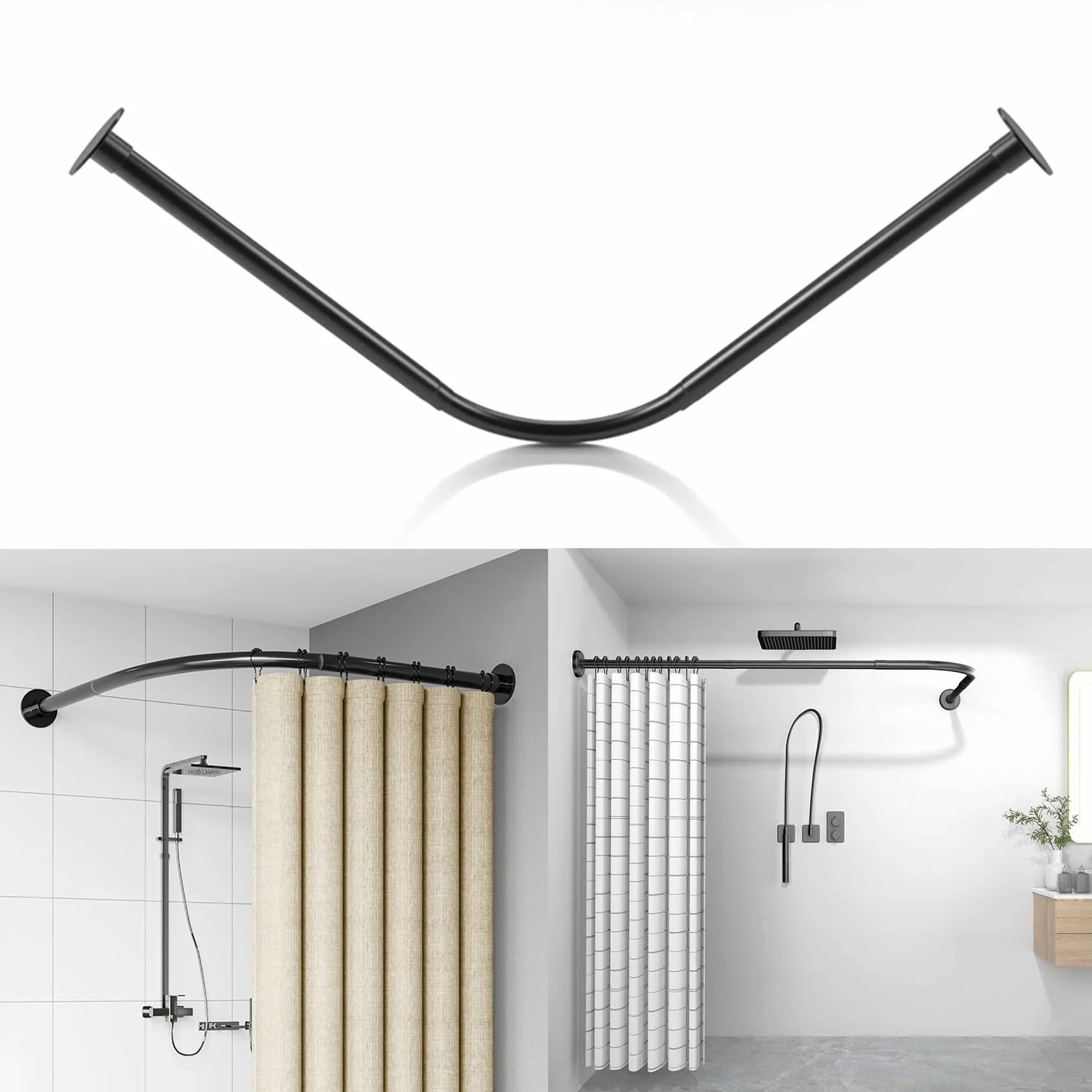 Barra de Cortina de Ducha Extensible En ángulo En Forma de L Sin Taladro, Barra de Cortina de Ducha Curvada de 304 Acero Inoxidable, Barras de Cortina Bañera Esquina Tipo L70 to 95cm x 125 to 165cm