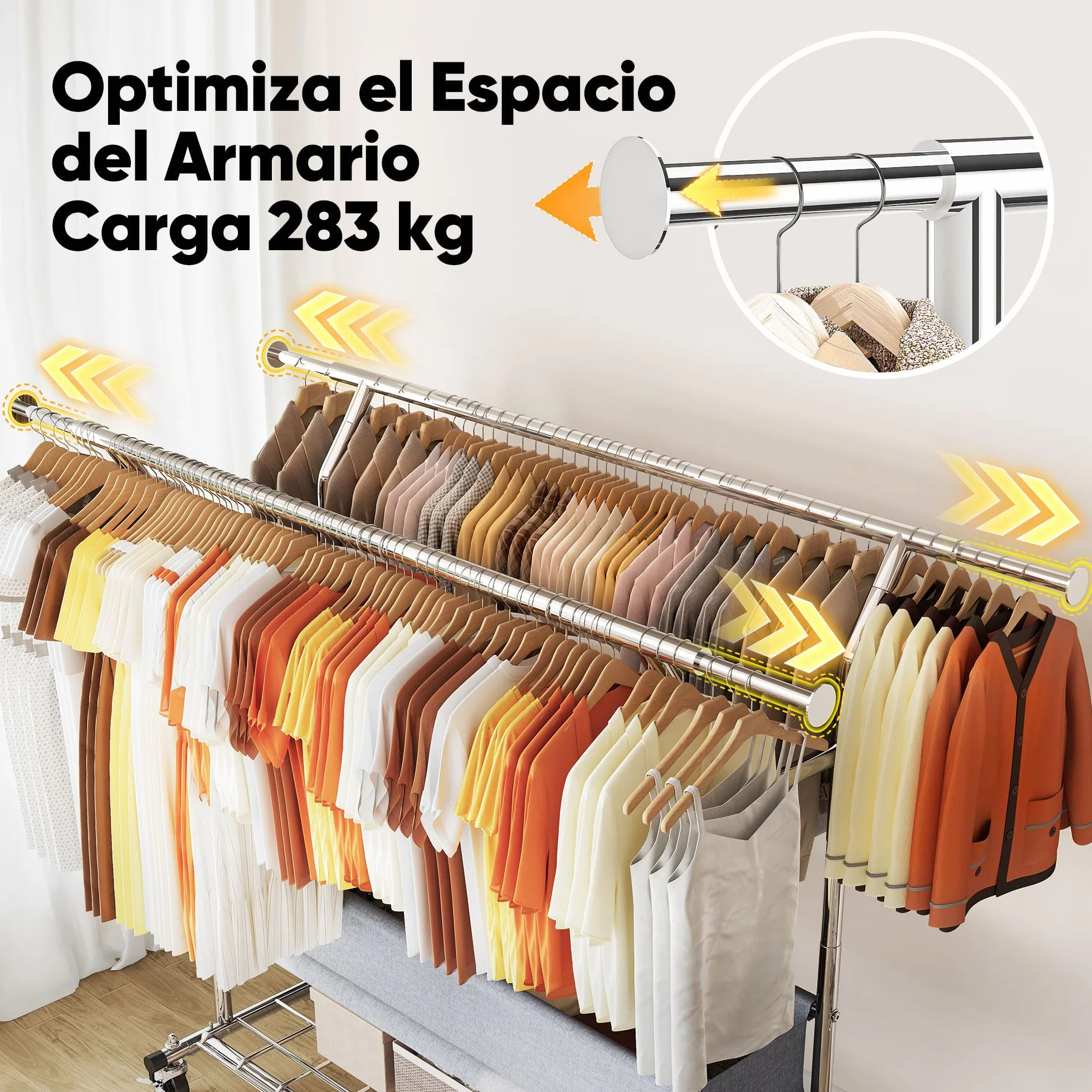 HOKEEPER Burro de Ropa Resistente de Doble Barra con Ruedas, 283kg, con Cesta de Tela y Estante, Extensible - Ideal para Dormitorio, Boutique