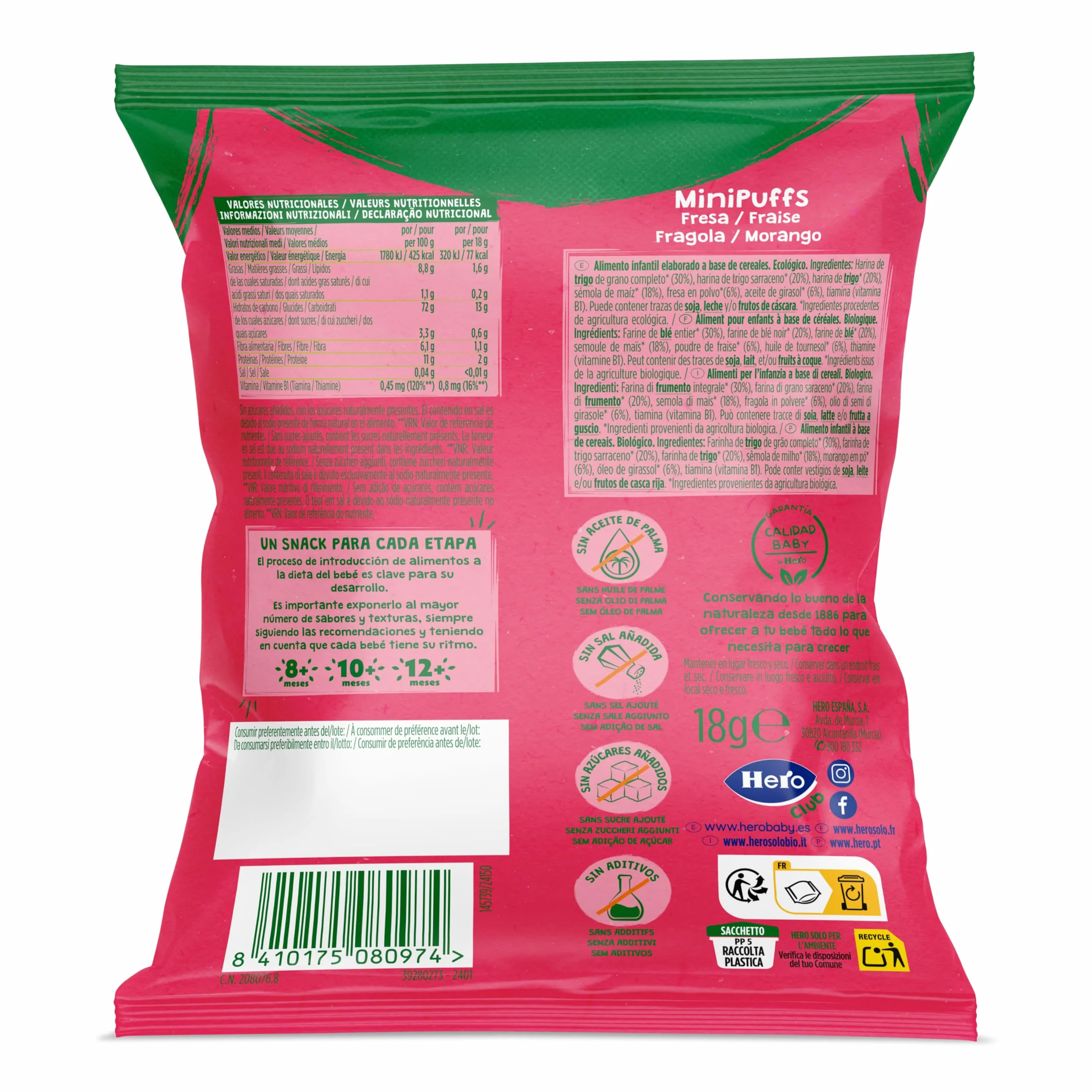 Hero Solo Minipuff Snack de Fresa BIO Ecológico No Fritos Sin Azúcares Añadidos Pack 10 x 18 g