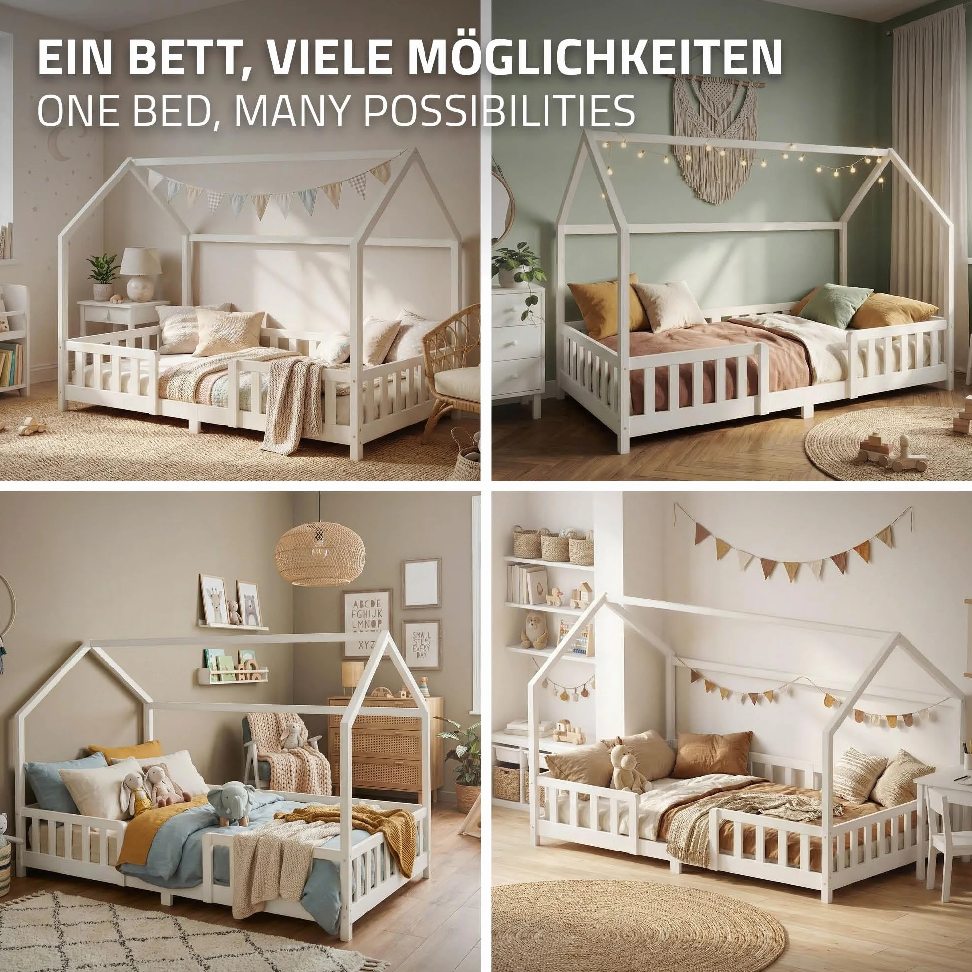 ML-Design Cama Infantil 120x200cm Blanco, con Colchón, Protección Anticaída, Techo y Somier, Listones de Madera de Maciza de Pino Lecho Doble Montessori Forma de Casa Mobiliario Juvenil, para Niños