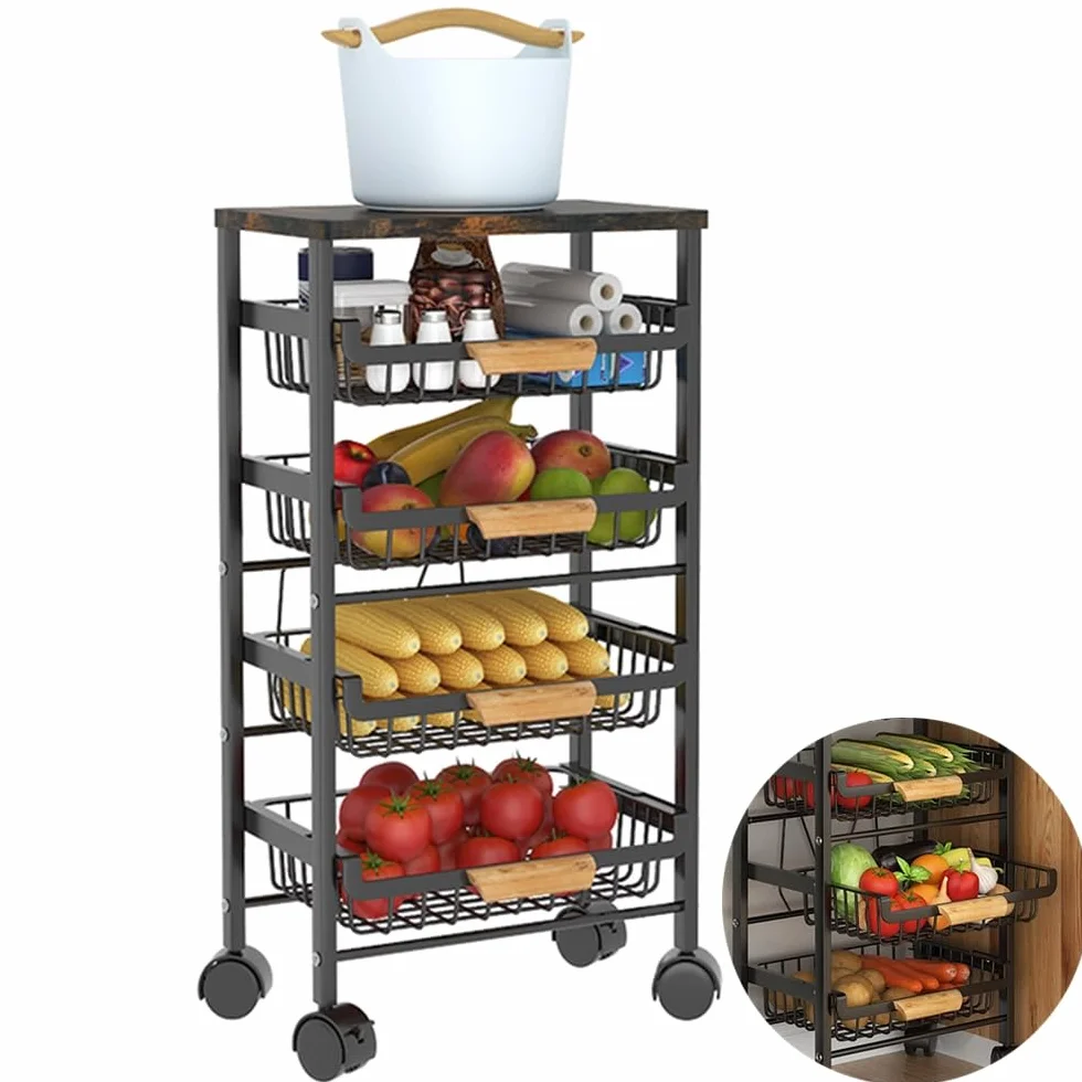 Cesta de alambre de metal de 5 niveles, cesta de almacenamiento apilable para cocina, salón, dormitorio, baño, soporte gratuito para verduras y frutas con cajones extraíbles