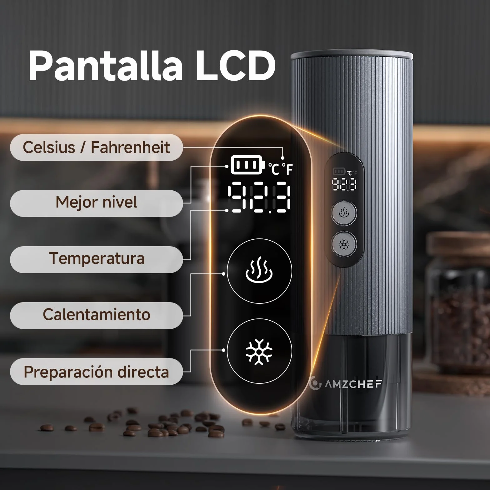 AMZCHEF Cafetera Portatil – 20 Bares, USB-C, Pantalla Digital,Compatible con Cápsulas – Cafetera Portátil Cápsula de Espresso para Viajes, Camping y Oficina,Aluminio