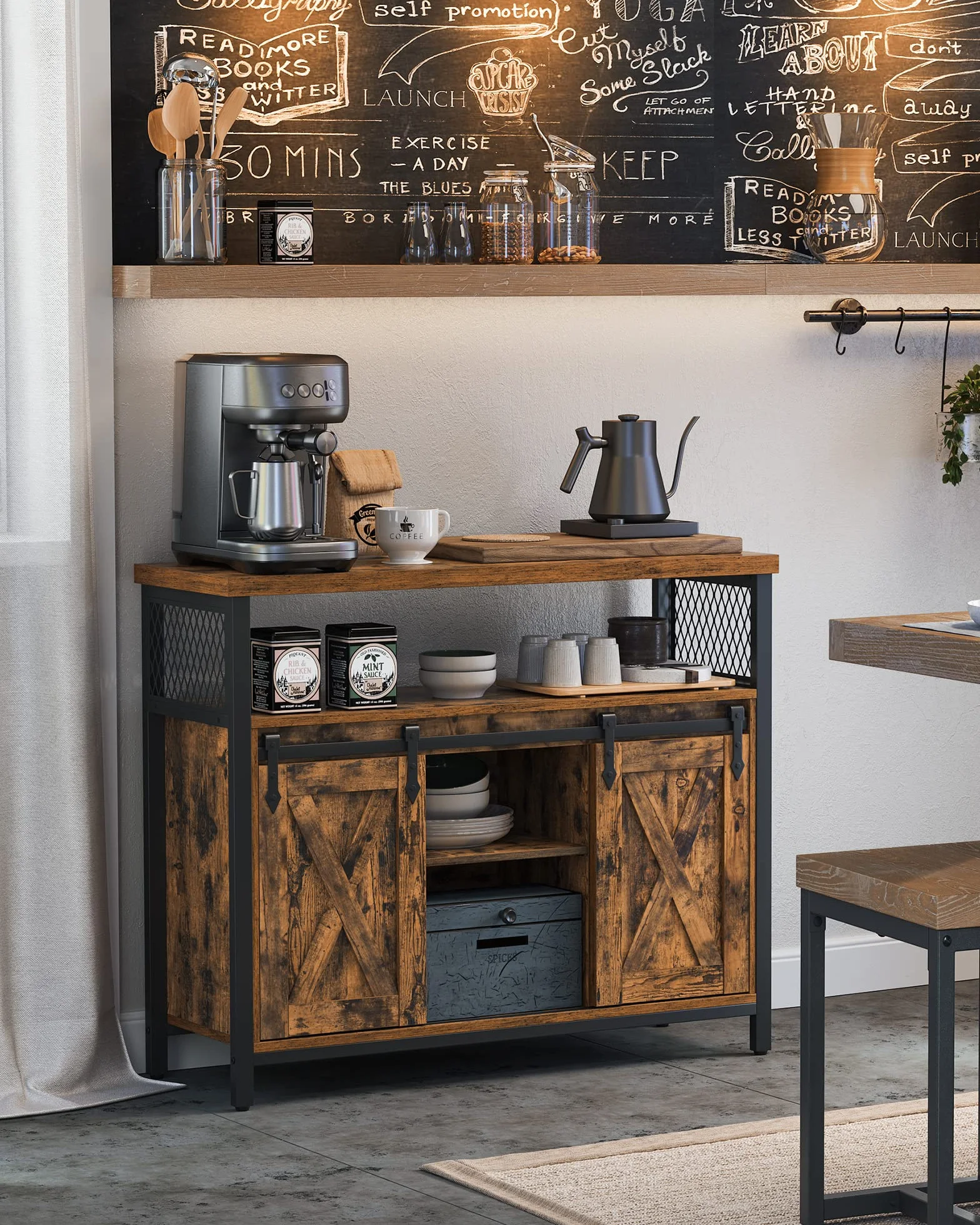 VASAGLE Aparador, Armario de Cocina, Armario de Almacenamiento, con 2 Puertas Correderas, 33 x 100 x 80 cm, Estantes Ajustables, para Salón, Marrón Rústico y Negro Tinta LSC092B01