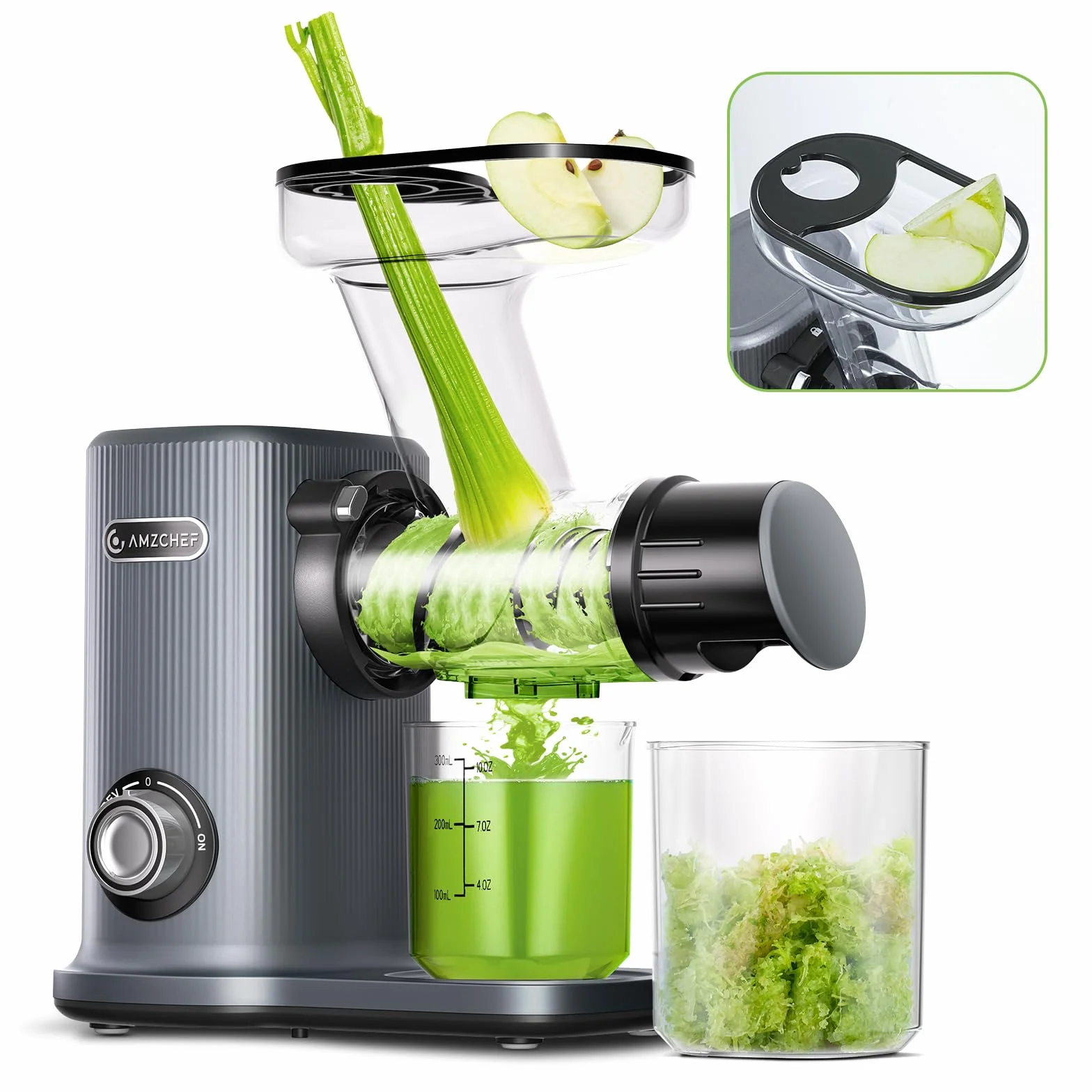 AMZCHEF Juicer Compacto Con Dos Modos De Alimentación Para Uun Uso Fácil - Extractor De Zumos Y Verduras Silencioso De Alta Tecnología Con Masticación Inversa Y Un Rendimiento De Zumo Ultra Alto