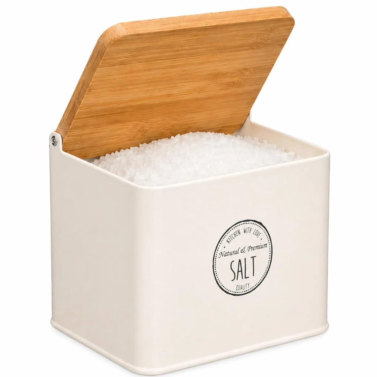 TIENDA EURASIA – Salero de Cocina con Tapa de Bambú | Recipiente para Sal | Diseño Moderno | 11x14x11 cm | Estructura Metálica | Tapa Abatible | Ideal para Cocina y Mesa (Crema)