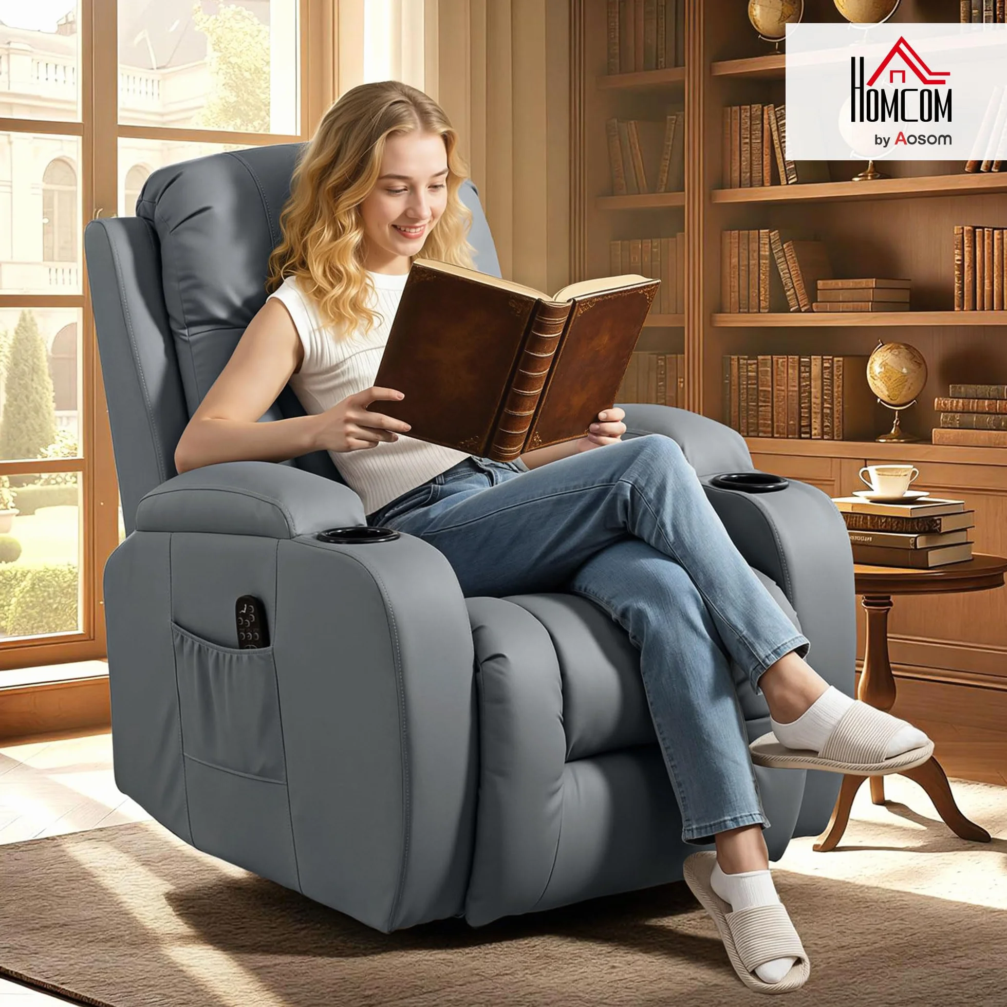 HOMCOM Sillón de Masaje Giratorio, Sillón Relax Reclinable con 8 Puntos de Masaje, Función Calefacción Lumbar, Mando a Distancia, Tapizado en PU, Reposapiés, Bolsillo Lateral, Función Basculante Gris