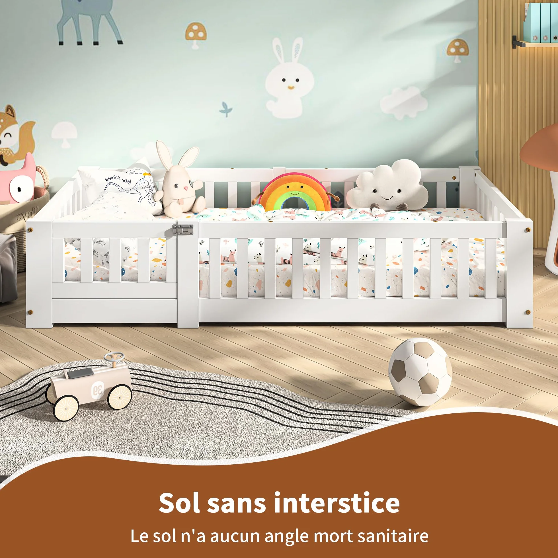 PerGar Cama Infantil 80x160 cm con Valla y Puerta, Somier, Madera Maciza Blanca