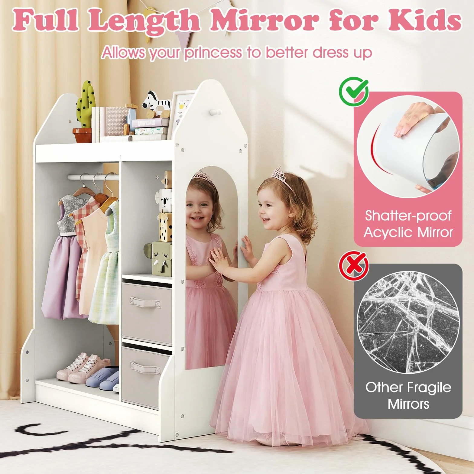 FANTASK Armario Infantil con Cajones de Tela, Espejo y Perchero de Madera, 81 x 38 x 107 cm, Blanco