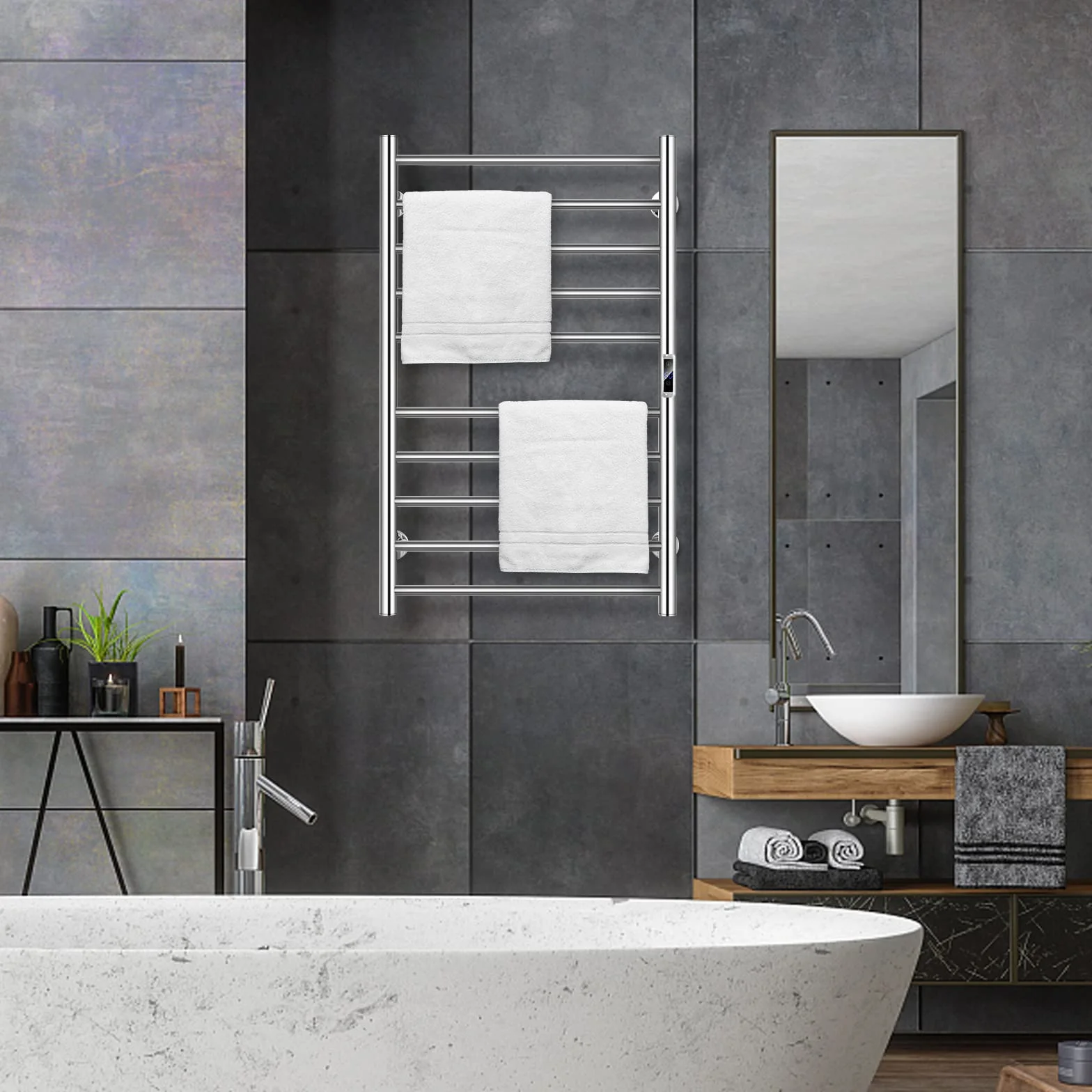 COSTWAY Toallero Eléctrico, Calentador de Toallas Montado en la Pared con Temporizador de 1-8H y Pantalla LCD, Calentador de Toallas de Baño de Acero Inoxidable, Plateado (120W, con 10 Barras)