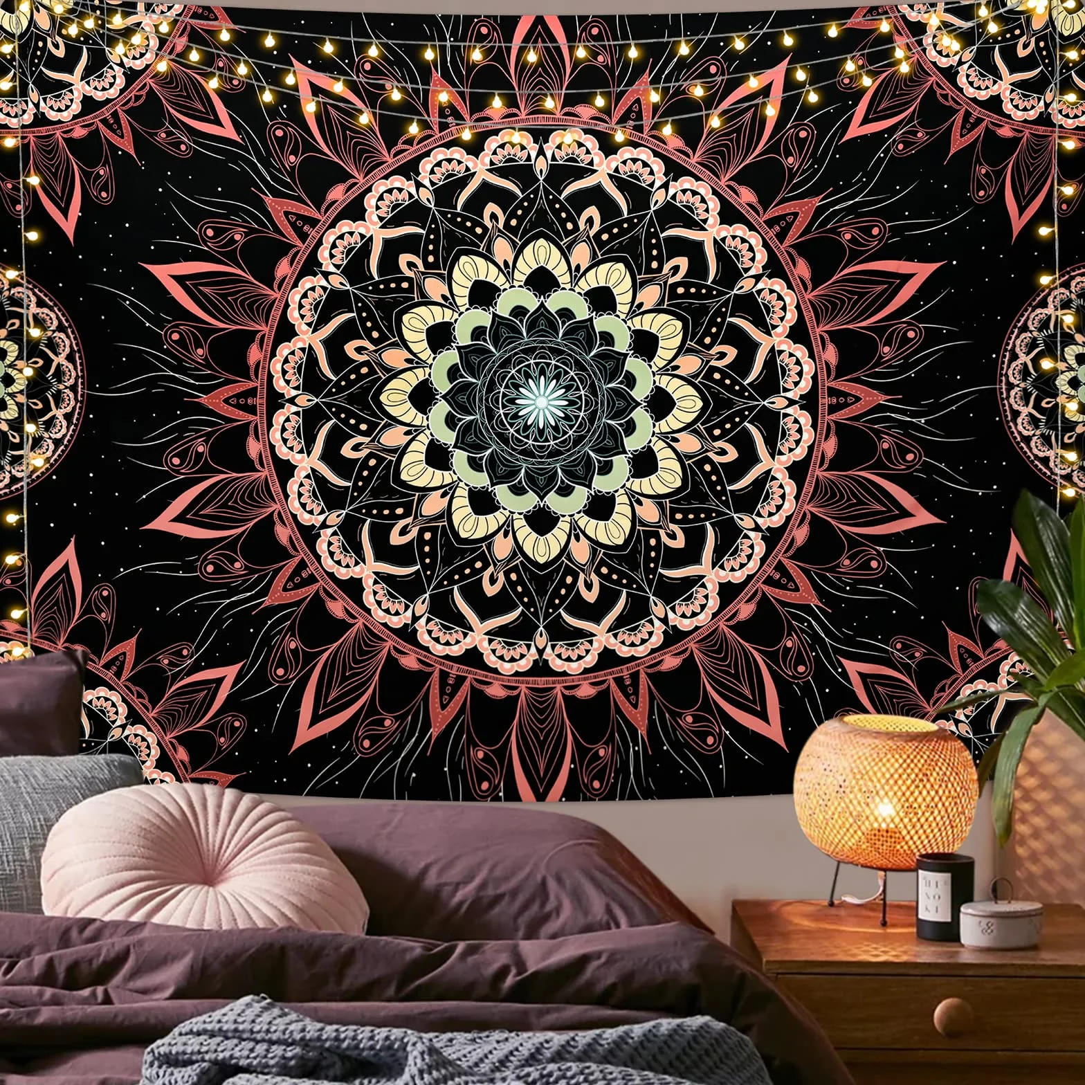 Yugarlibi Mandala Tapiz de Pared Bohemio Rosa Loto 150 x 130 cm