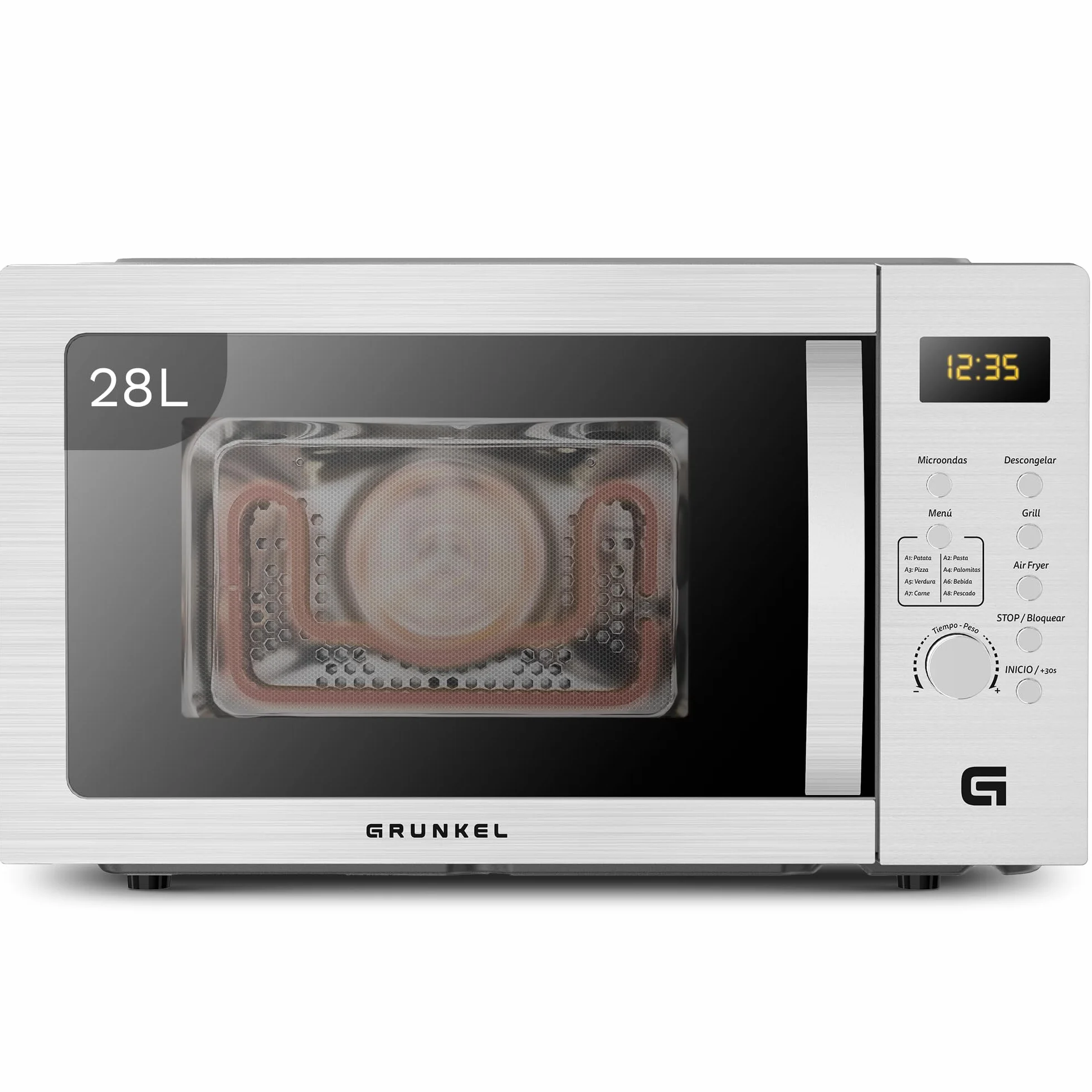 Microondas con grill y airfryer Grunkel MW-28AIRFRYER de 28 litros y 3 funciones, microondas 900W, grill 1200W, airfryer y horno 2200W con 5 niveles de potencia 8 programas y descongelado.