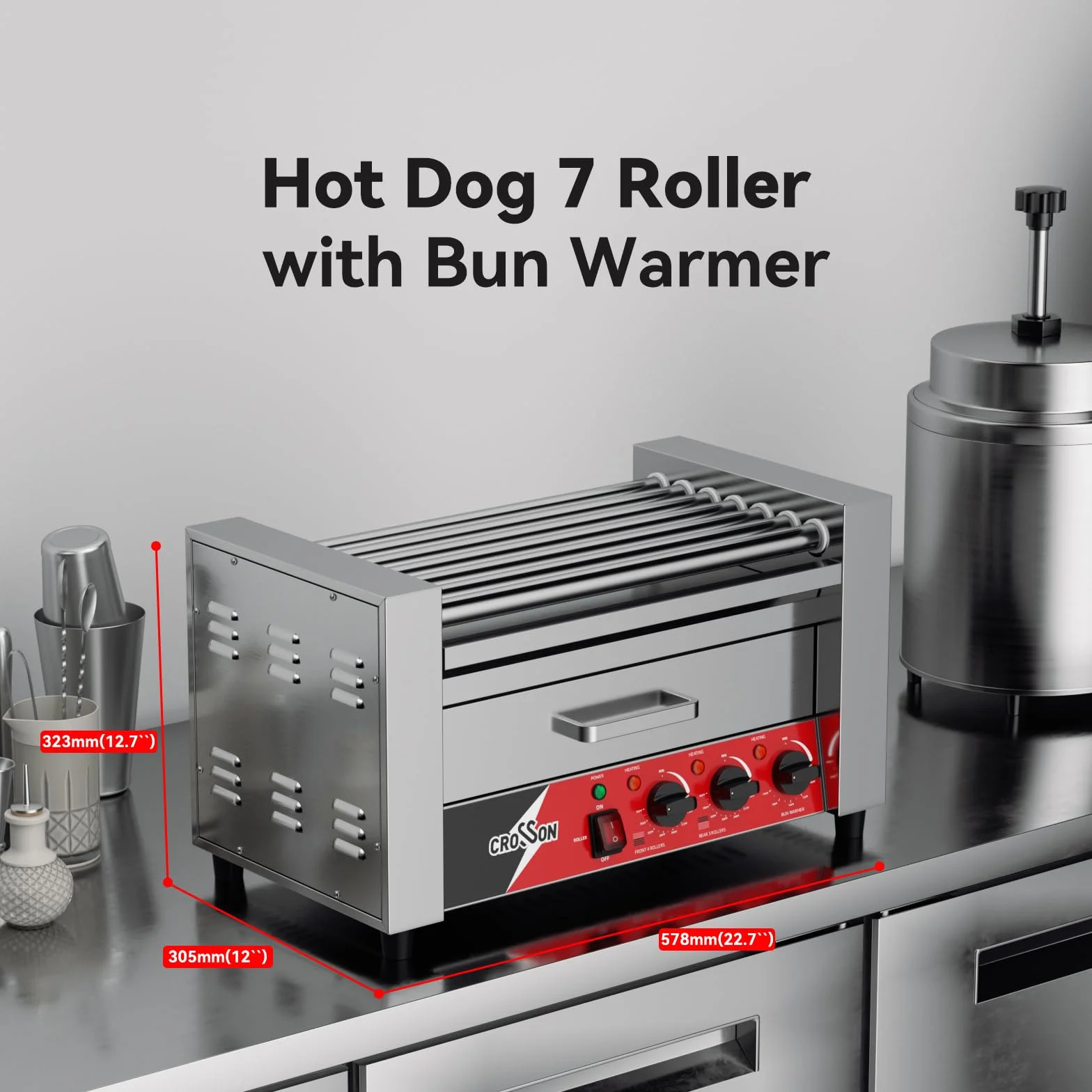 CROSSON 2 IN 1 Maquina de Perritos Calientes Profesional 7 Rollos,1350W Hot Dog Maquina de Acero Inoxidable con 2 Zonas de Calentamiento y Control de Temperatura Dual