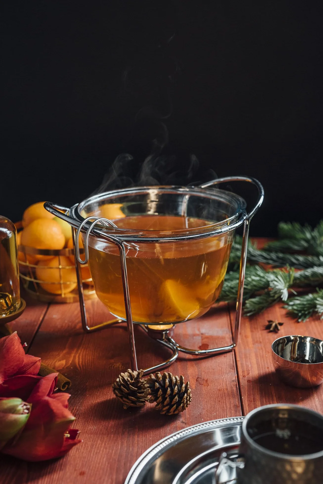 APS Feuerzangenbowle, Pinzas para el azúcar, Pinzas para el Fuego, ponchera, Recipiente de Cristal, Tapa de Acero Inoxidable, Muy Pulido, Calentador de Tetera, Cromado, cazo, para Aprox. 4 litros