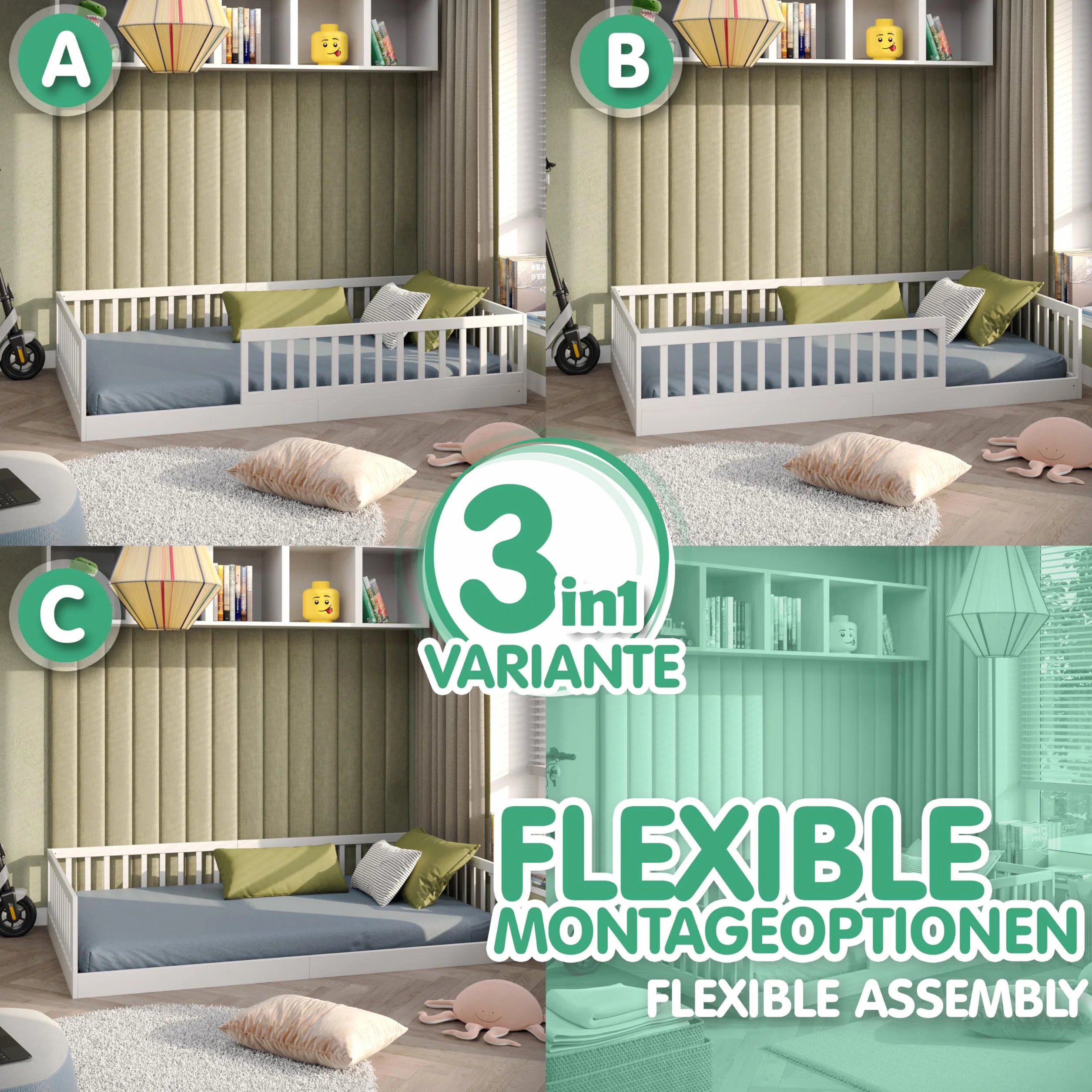 CADANI Timi 2en1 Cama Infantil al RAS del Suelo 120x200 cm Montessori con Barrera anticaída Desmontable, Incluye somier, Pino Macizo, Blanco - 3 Variantes de Montaje, hasta 200 kg, Convertible