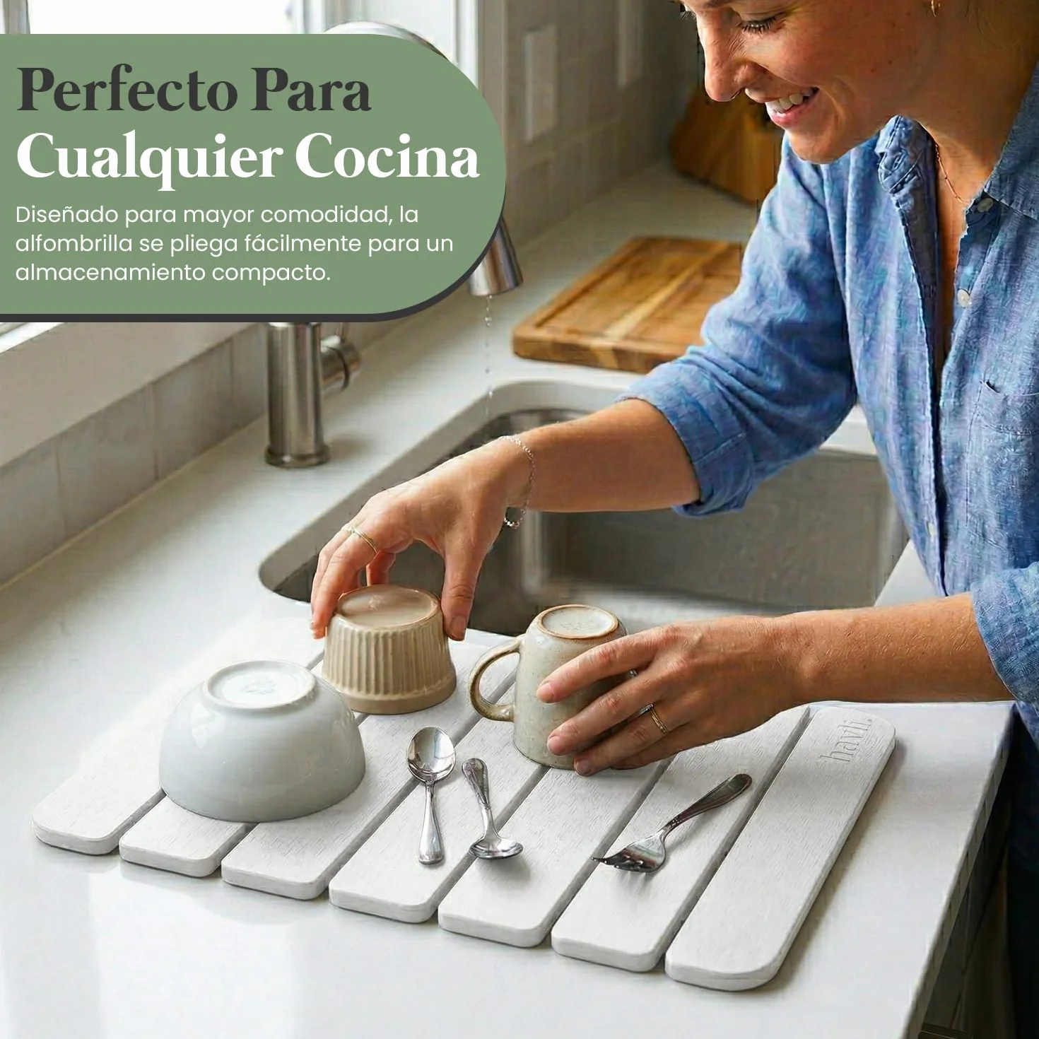 Alfombrilla Escurreplatos de Diatomita Plegable Absorbente Secado Rápido Cocina Antideslizante Base Cuero Sintético Incluye Lija Blanco
