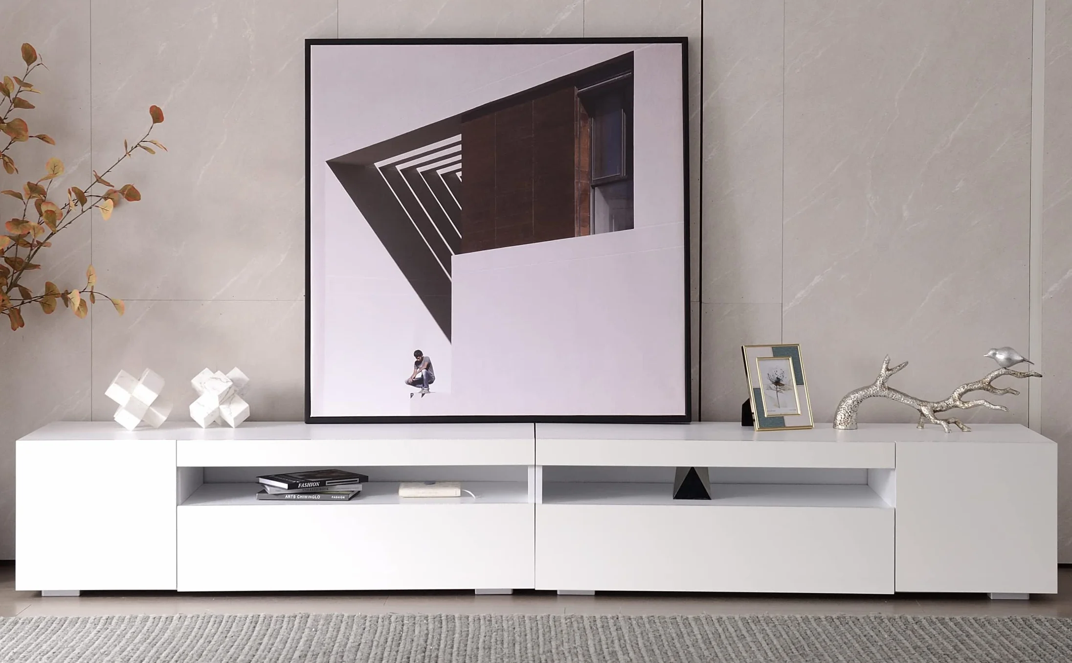 Mueble de TV moderno blanco, panel brillante, iluminación LED variable, salón y comedor 240 cm