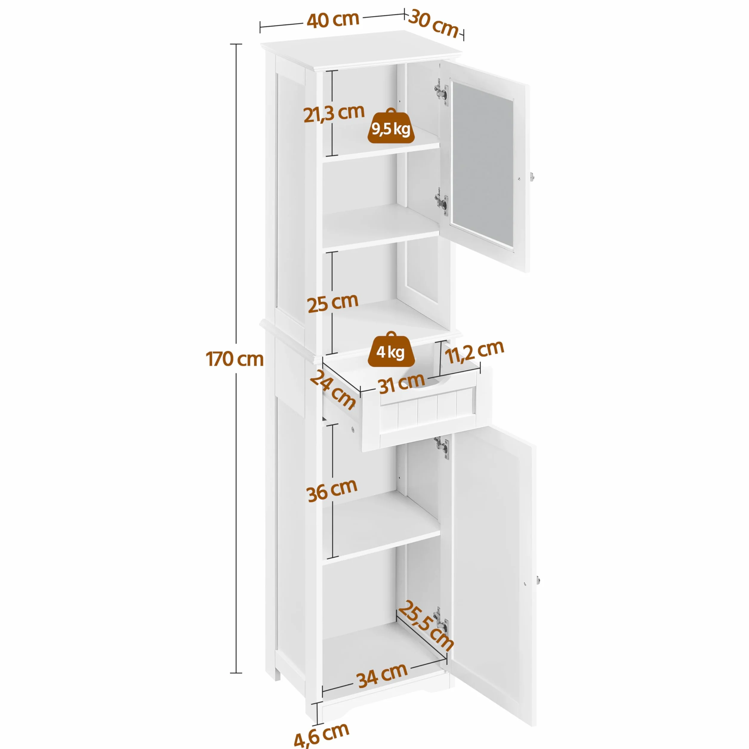 Yaheetech Armario Baño con Puerta de Cristal 40x30x170 cm Blanco