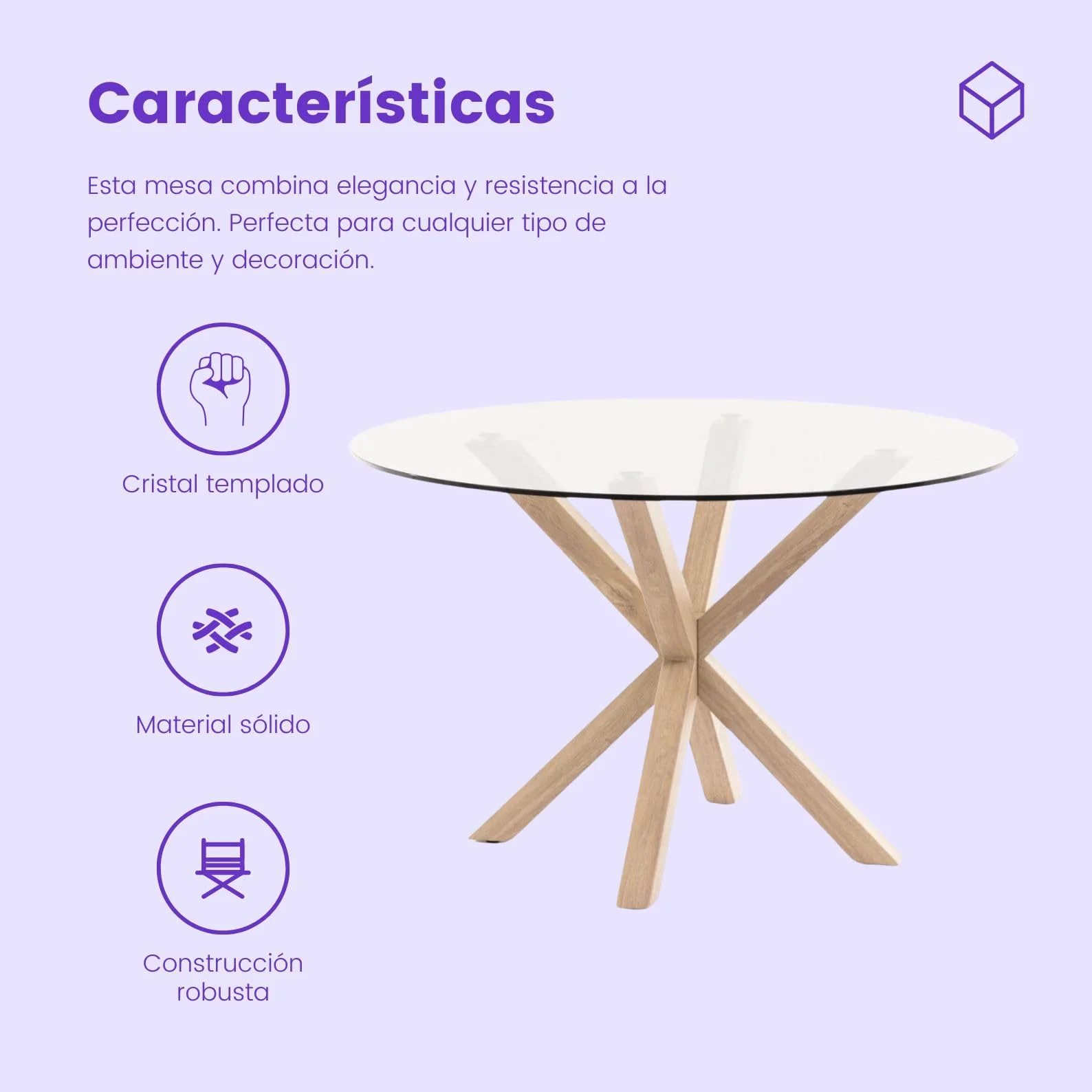 Mesa Redonda de Comedor de Cristal - Patas Metálicas Acabado Efecto Madera