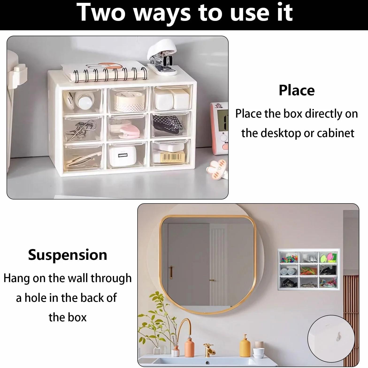 Juego de 2 cajas de almacenamiento para manualidades, cajón y organizador de escritorio con 9 cajones y mini caja extraíble transparente y blanca