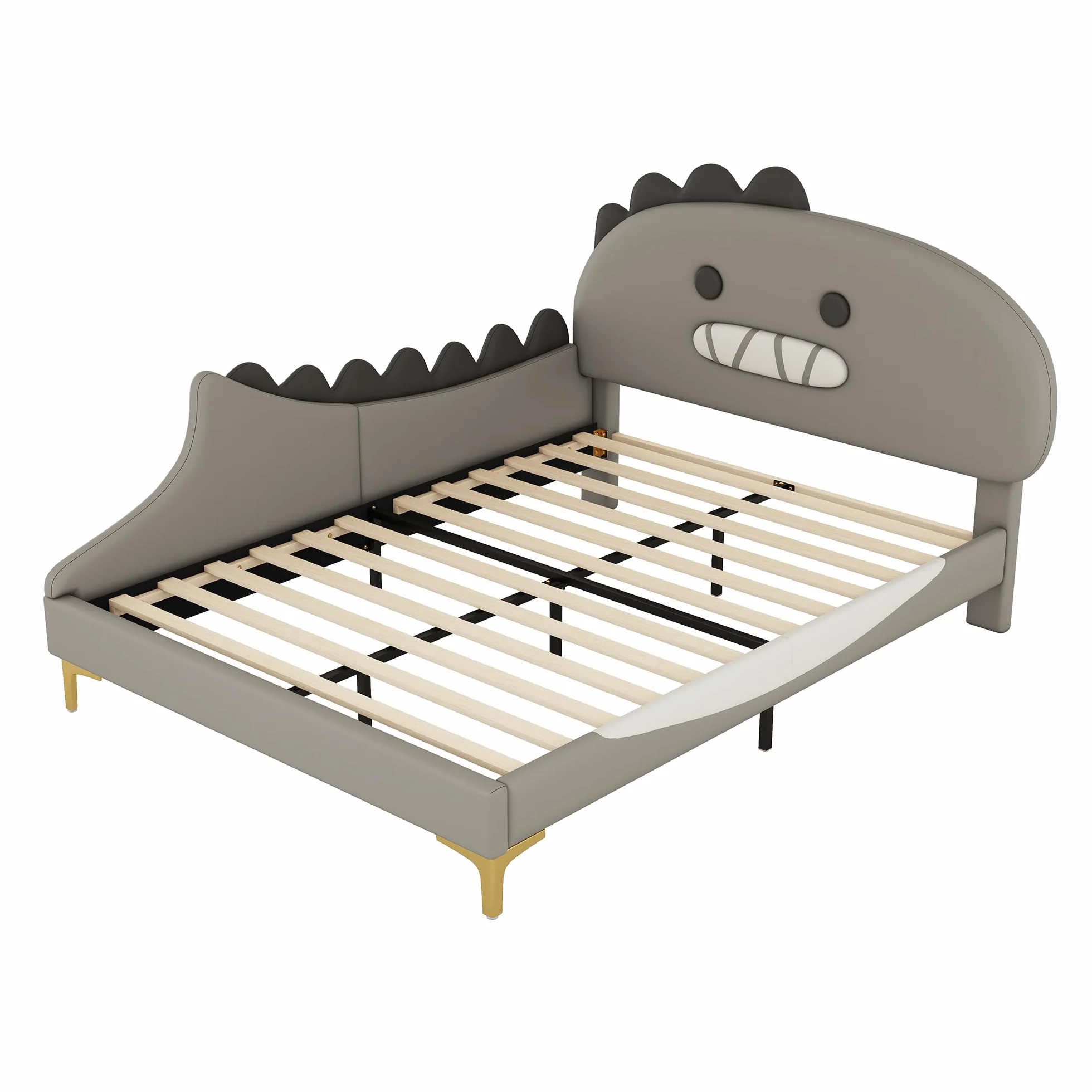 Cama infantil de 140 x 200 cm, diseño de dinosaurio, cama plana, material de poliuretano, color gris