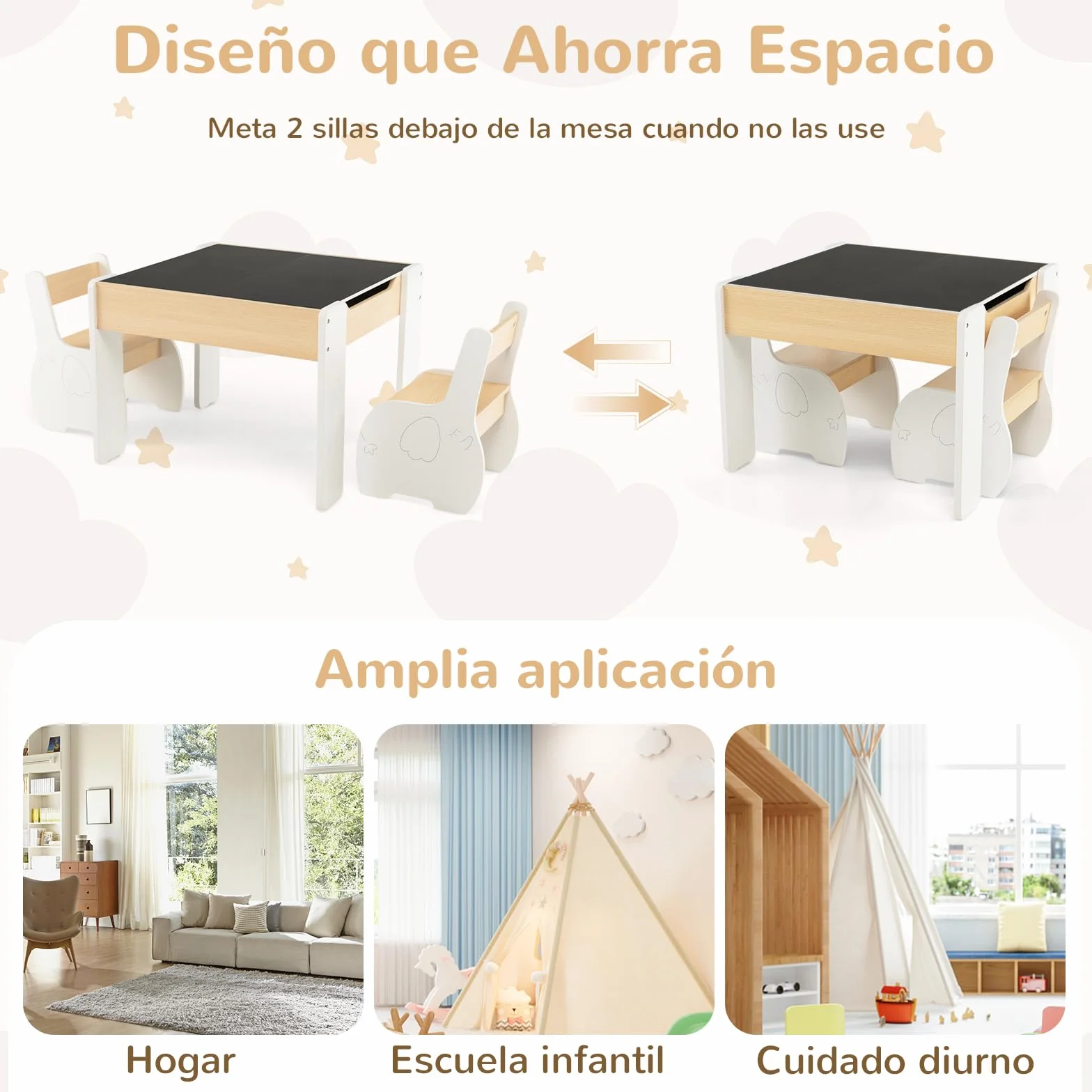RELAX4LIFE 4 en 1 Juego de Mesa y 2 Sillas Infantil con Pizarra, Pizarra Blanca y Espacio Almacenamiento, Mesa Reversible con Tablero Extraíble para Dibujar, Pupitres para Niños 3-6 Años (Blanco)