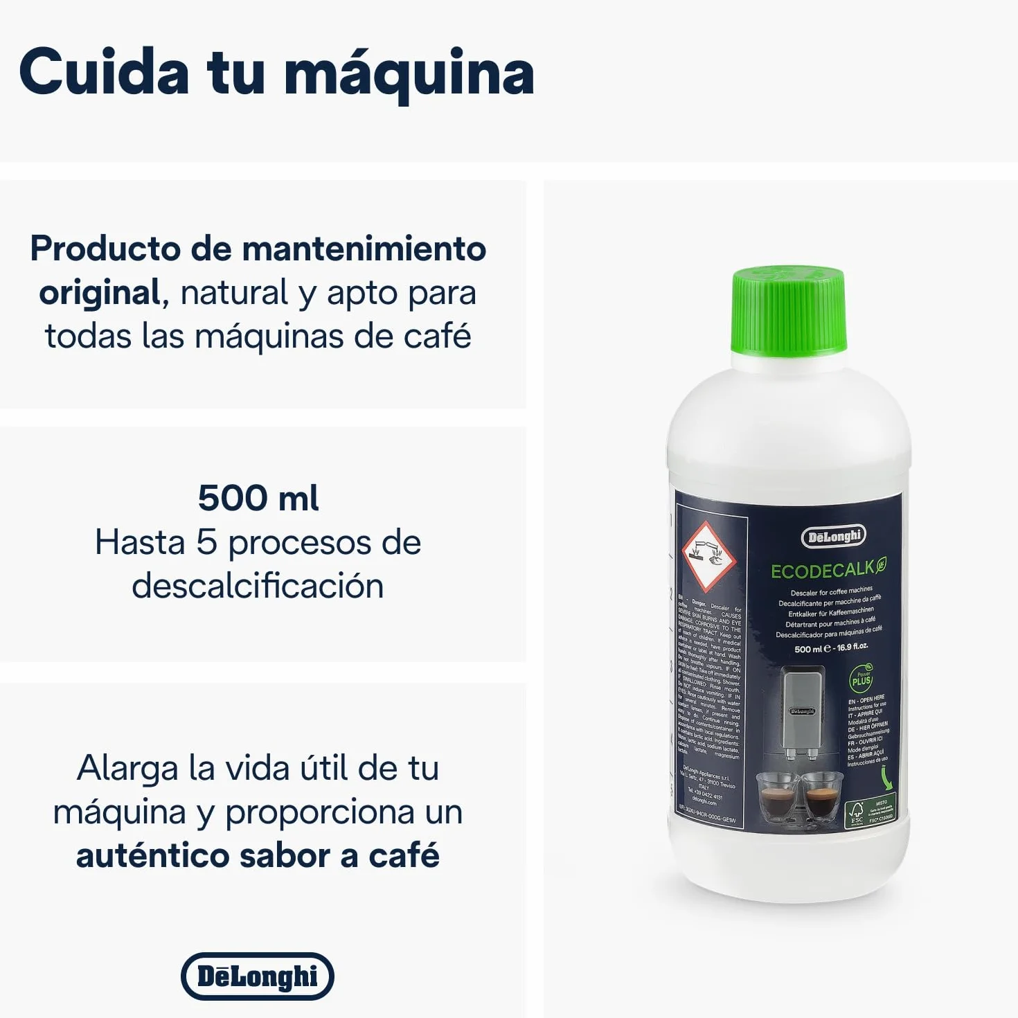 De'Longhi EcoDecalk DLSC500 Descalcificador 500ml 5 Dosis Accesorio Mantenimiento Cafetera