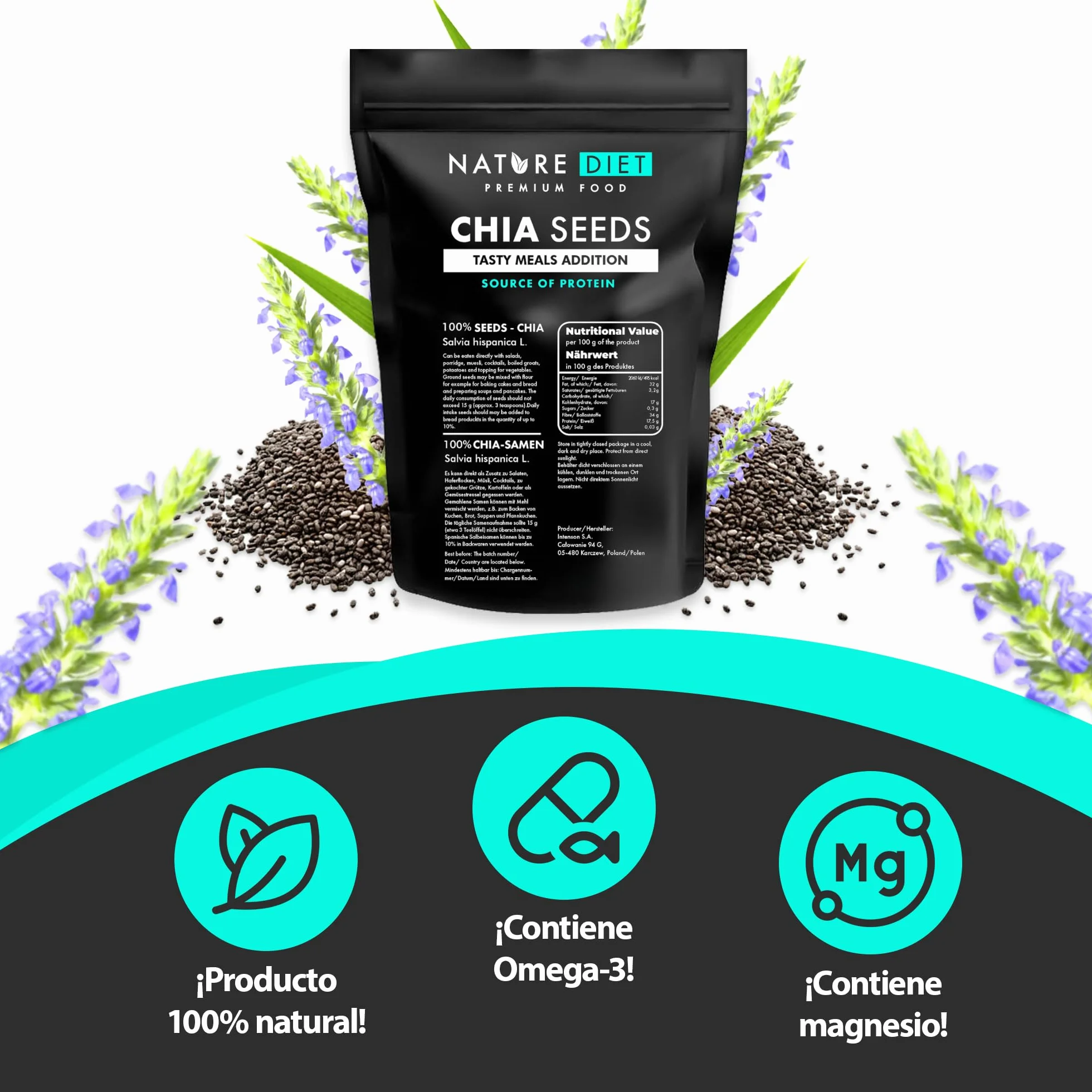 Semillas de chía Nature Diet 2x 1000 g Salvia Hispanica Alto en Omega-3 Fuente de fibra