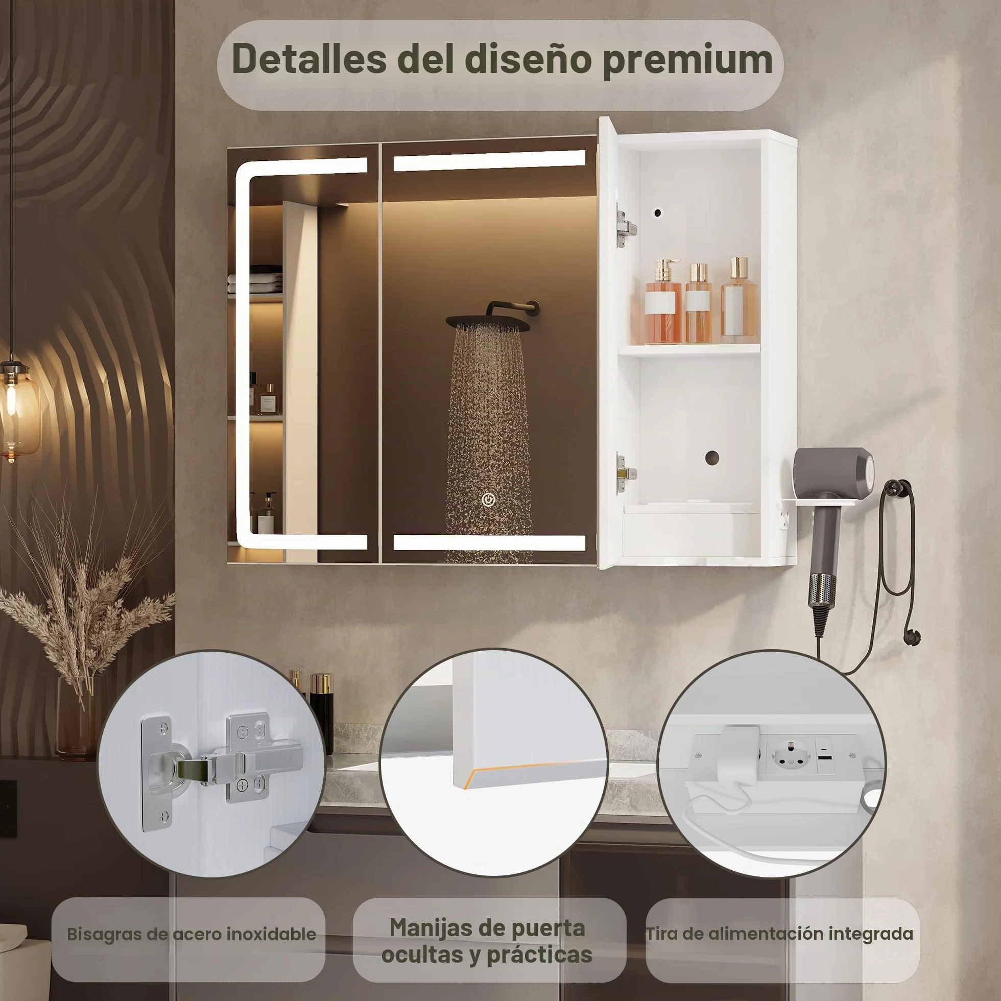Armario Espejo Baño con Luz y Enchufe, 3 Puertas, Estantes Ajustables, 80x60x16 cm, Blanco