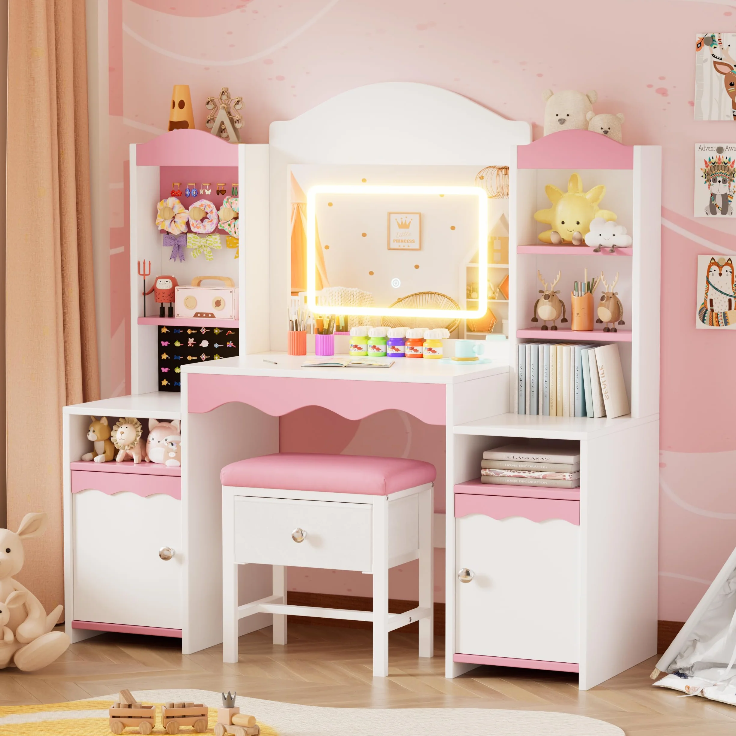 MSFE 2 en 1 Tocador Niña con Espejo y Luces,Mesa de Maquillaje con Taburete y Armario de Almacenamiento,Tocador de Princesa con Estantes y Soporte para Joyas,Tocador de Maquillaje para Niñas