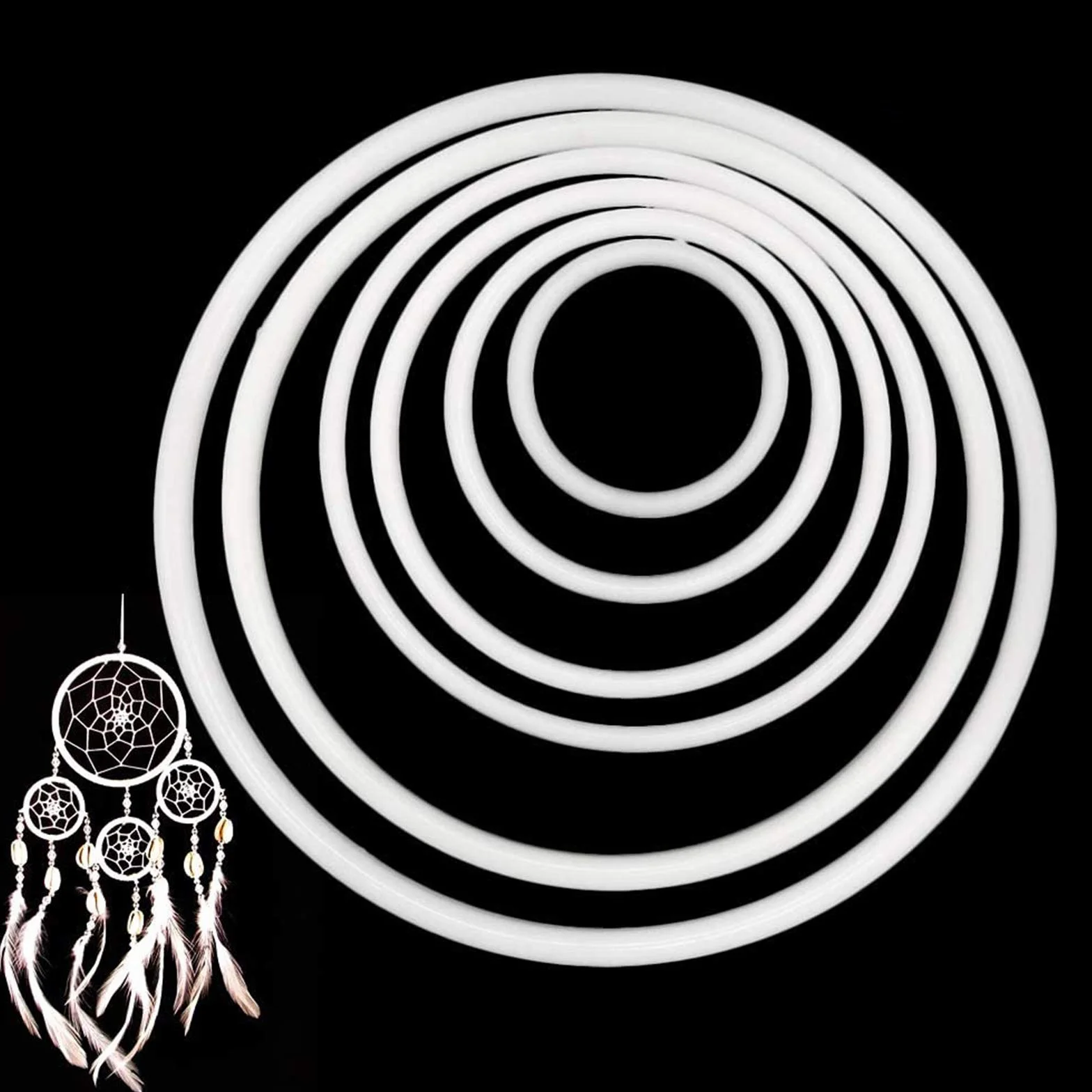 EQLEF Aro Atrapasueños Grande, 6 Piezas de plástico Dream Catcher Hoop Plastic, Anillo Redondo Blanco de macramé para tamaños DIY Crafting-6